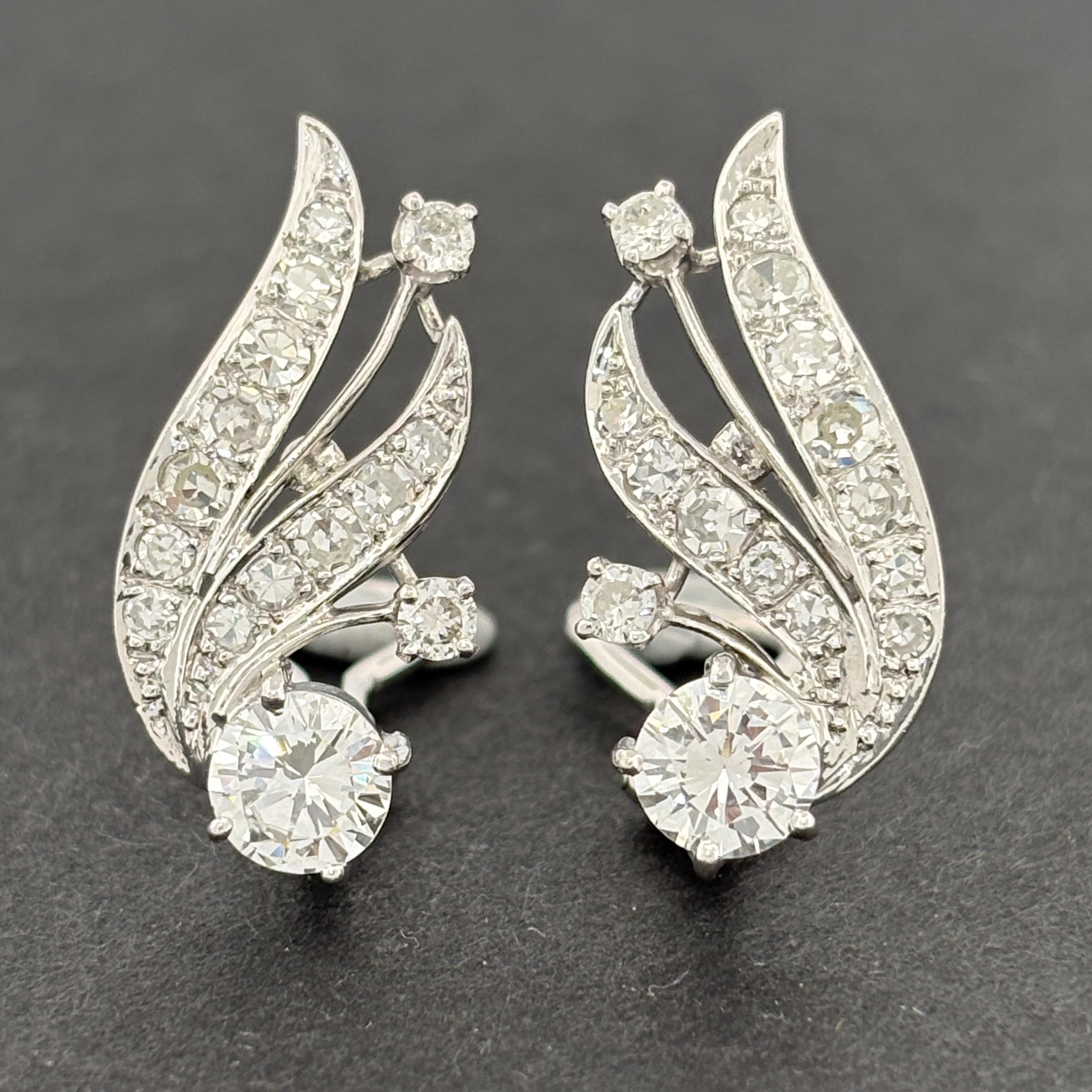Vintage Mid-Century 14K White Gold Diamond Spray Earrings, ~2.30ctw