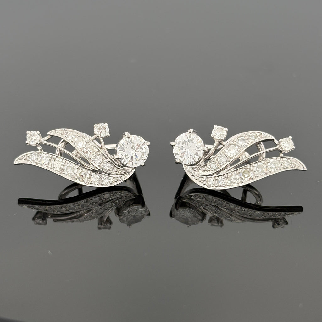 Vintage Mid-Century 14K White Gold Diamond Spray Earrings, ~2.30ctw