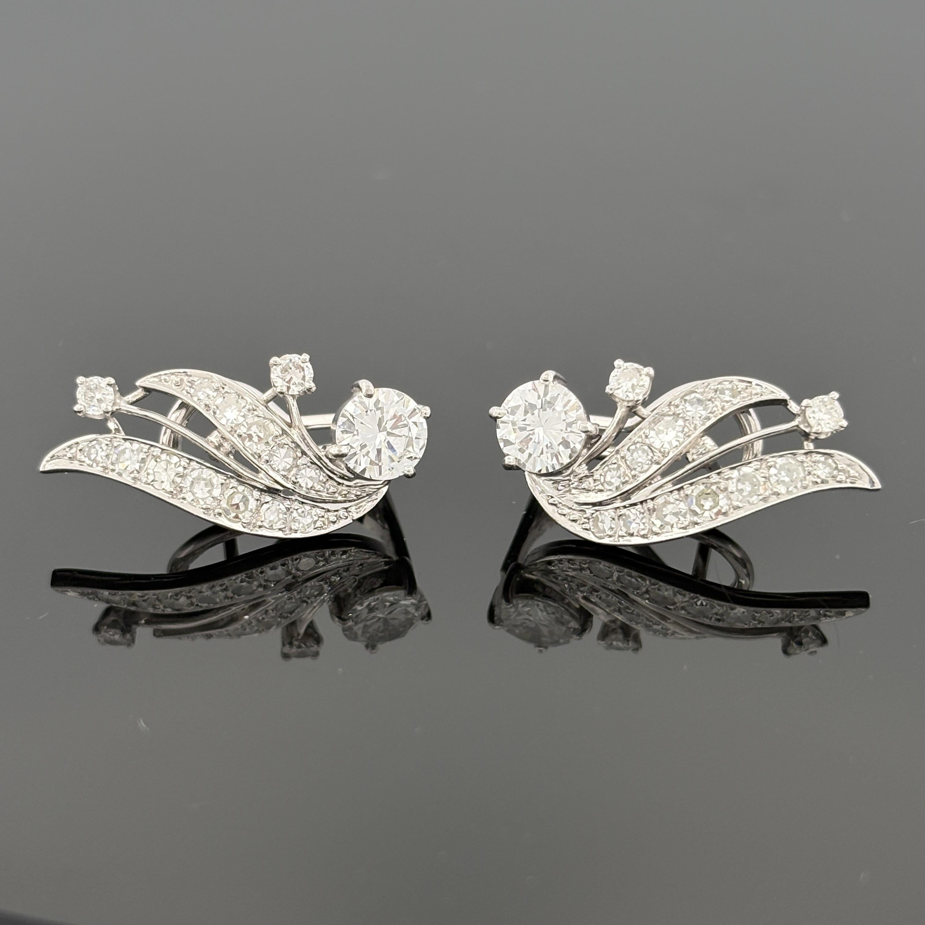 Vintage Mid-Century 14K White Gold Diamond Spray Earrings, ~2.30ctw
