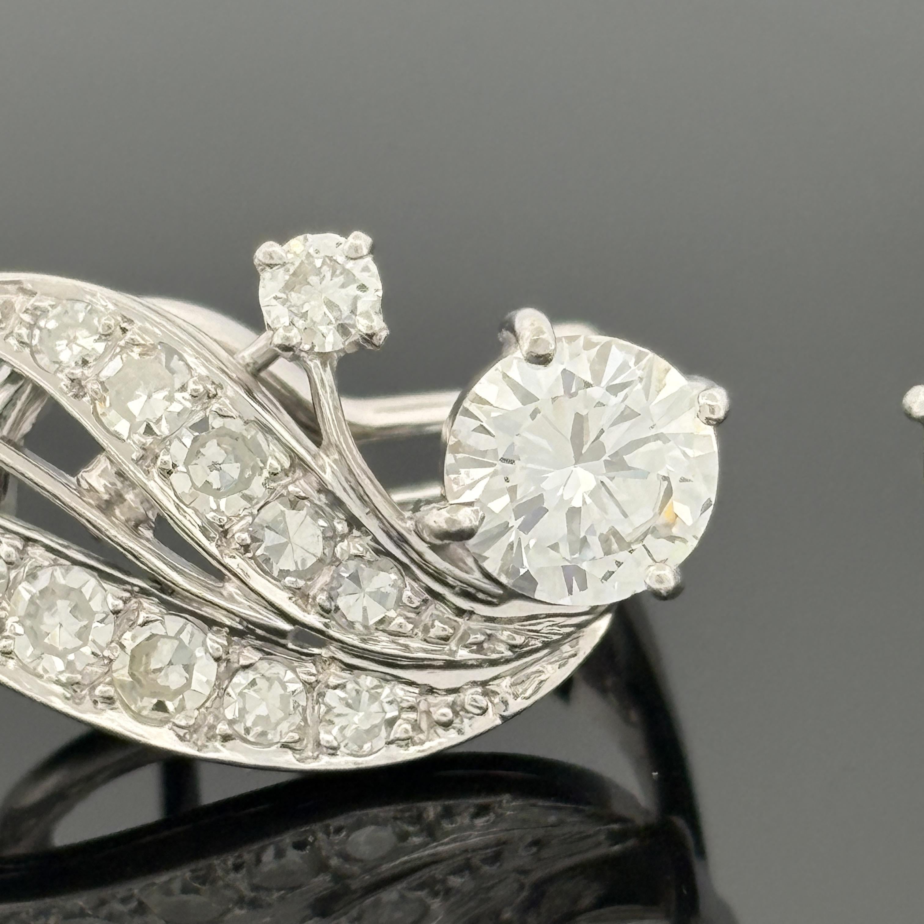 Vintage Mid-Century 14K White Gold Diamond Spray Earrings, ~2.30ctw