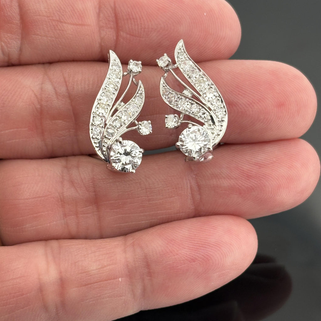 Vintage Mid-Century 14K White Gold Diamond Spray Earrings, ~2.30ctw