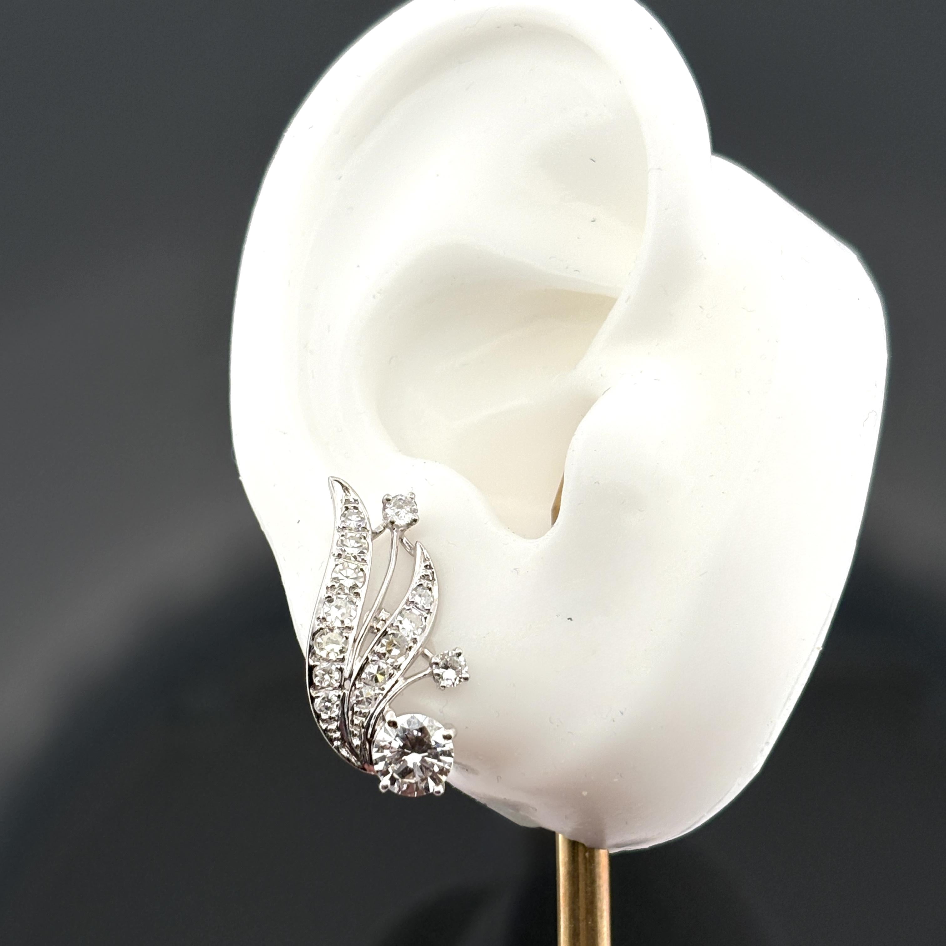 Vintage Mid-Century 14K White Gold Diamond Spray Earrings, ~2.30ctw