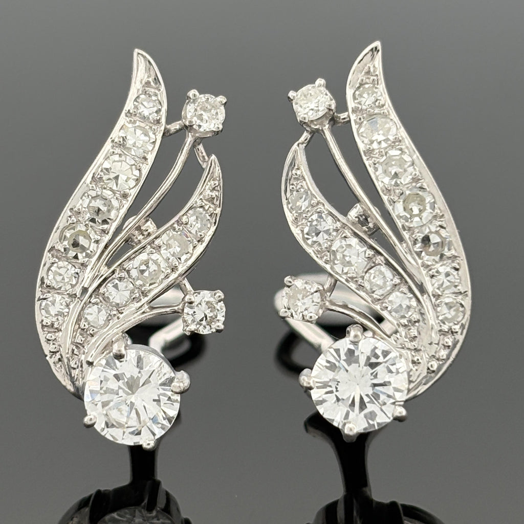 Vintage Mid-Century 14K White Gold Diamond Spray Earrings, ~2.30ctw