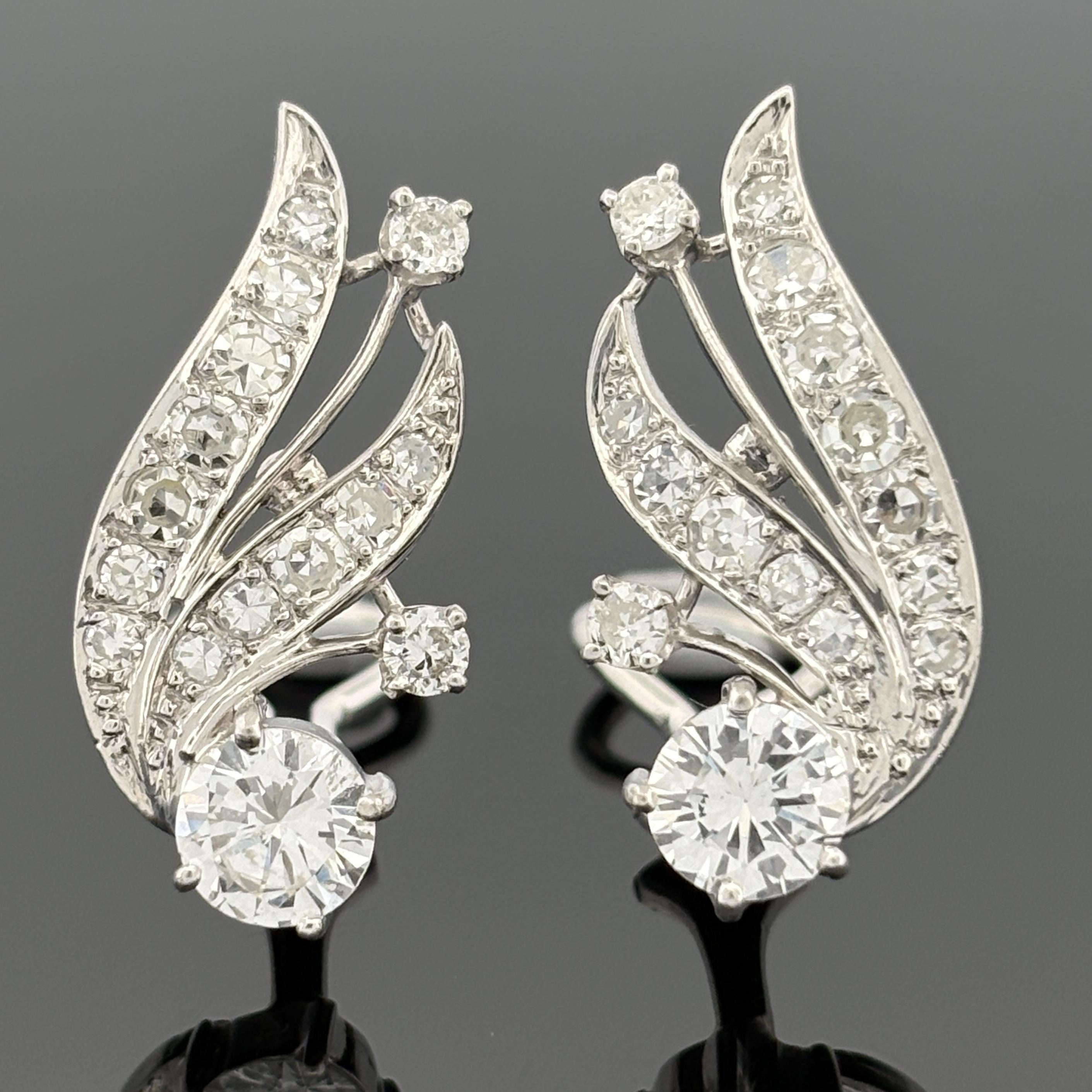 Vintage Mid-Century 14K White Gold Diamond Spray Earrings, ~2.30ctw