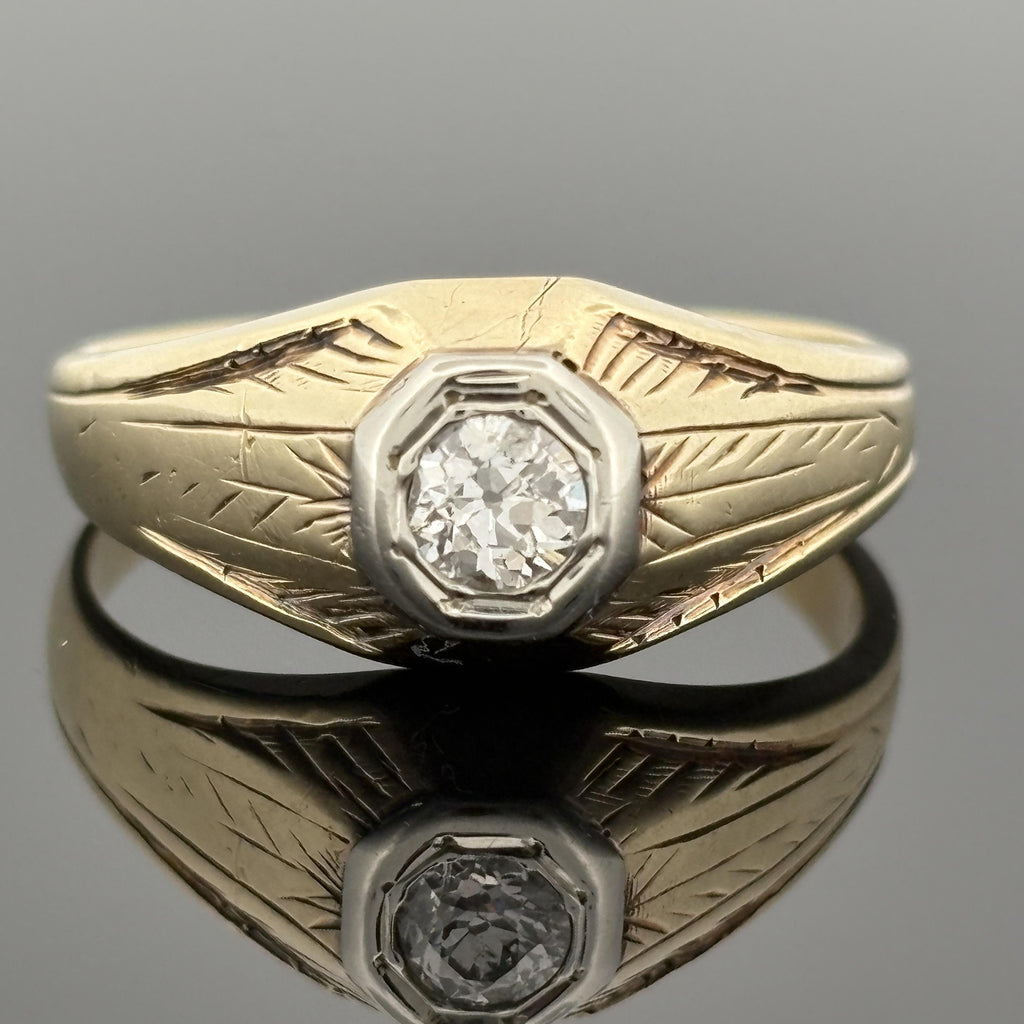Vintage Art Deco Men's 14K Gold Old European Cut Diamond Solitaire Ring