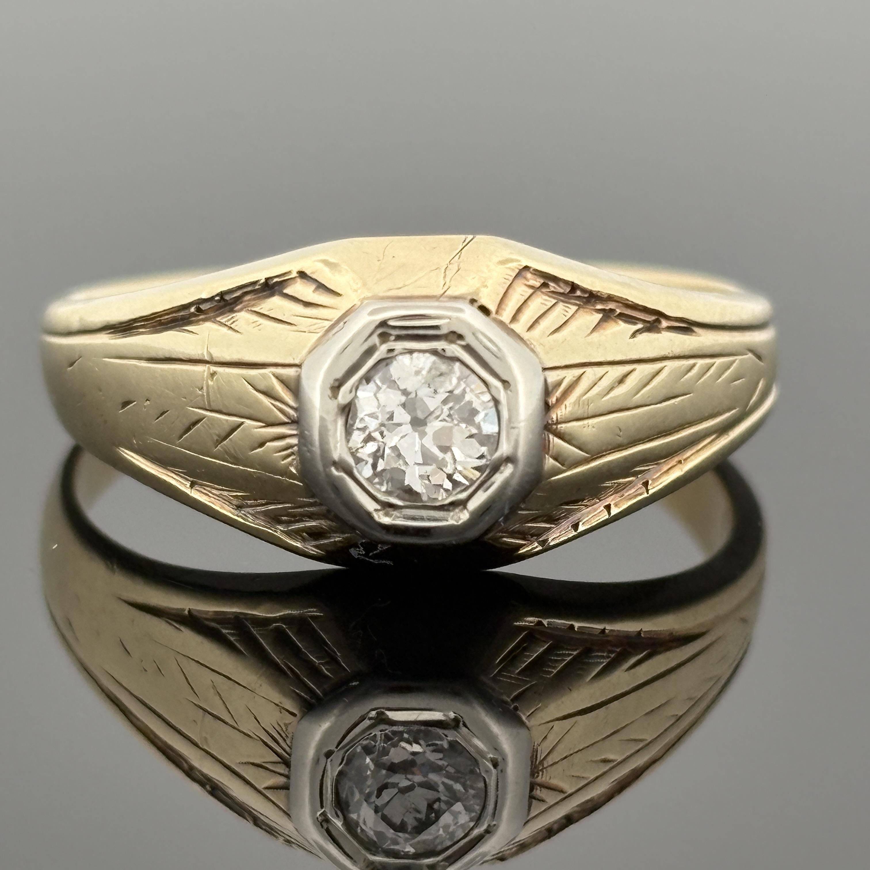Vintage Art Deco Men's 14K Gold Old European Cut Diamond Solitaire Ring