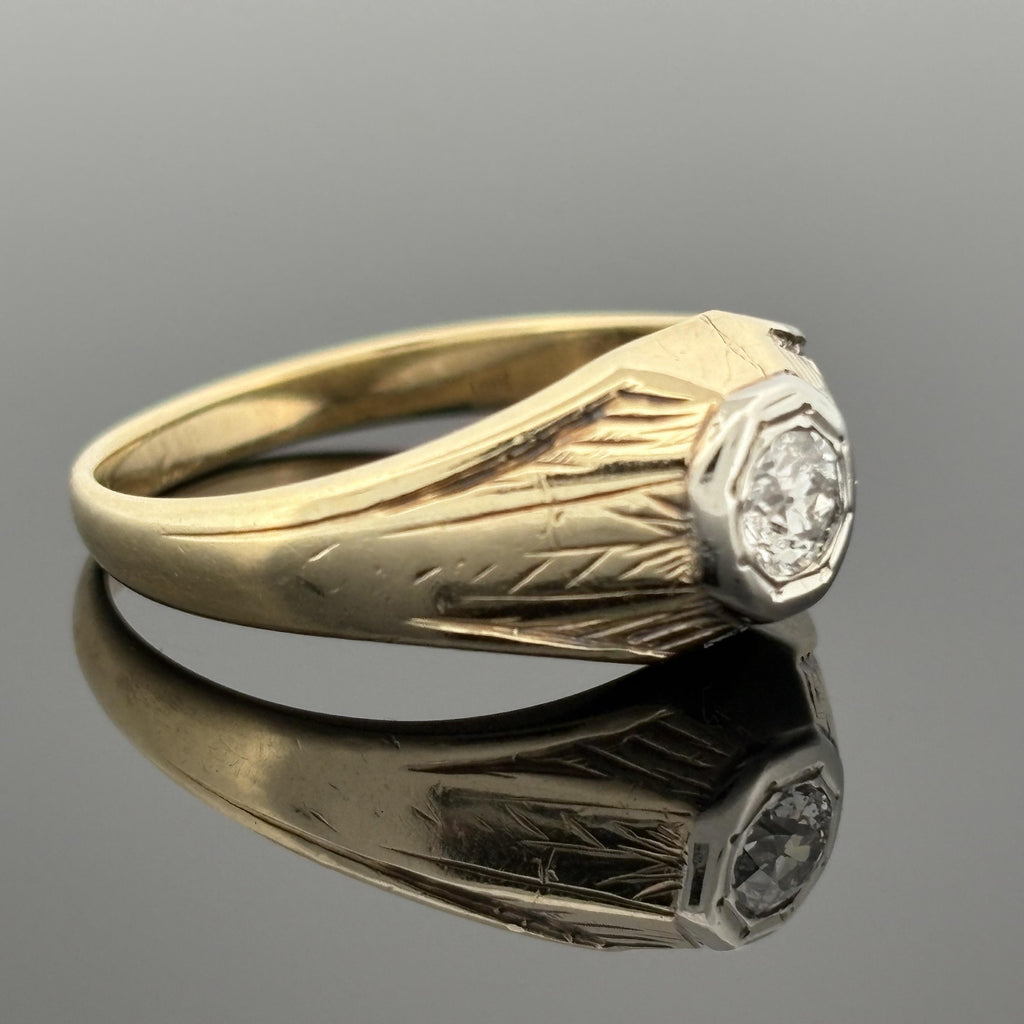 Vintage Art Deco Men's 14K Gold Old European Cut Diamond Solitaire Ring