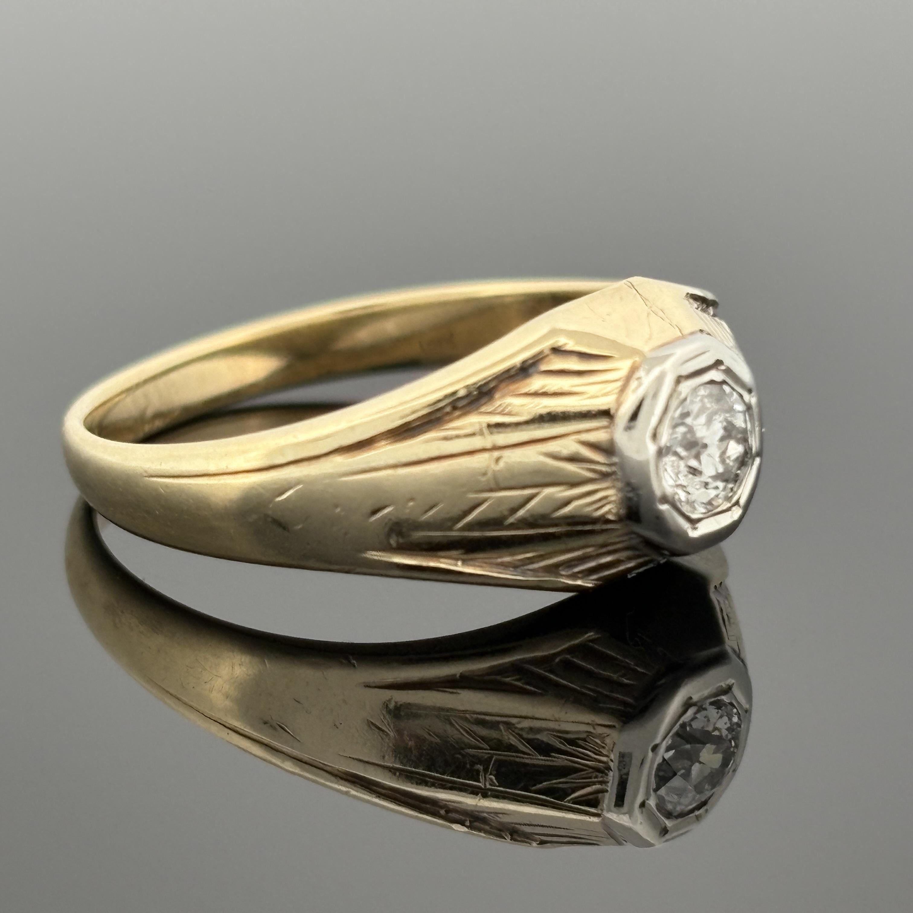 Vintage Art Deco Men's 14K Gold Old European Cut Diamond Solitaire Ring