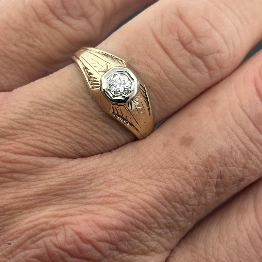 Vintage Art Deco Men's 14K Gold Old European Cut Diamond Solitaire Ring