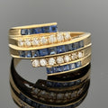Estate Blue Sapphire & Diamond 5 Row Bypass Ring 18k Yellow Gold, 1.16ctw