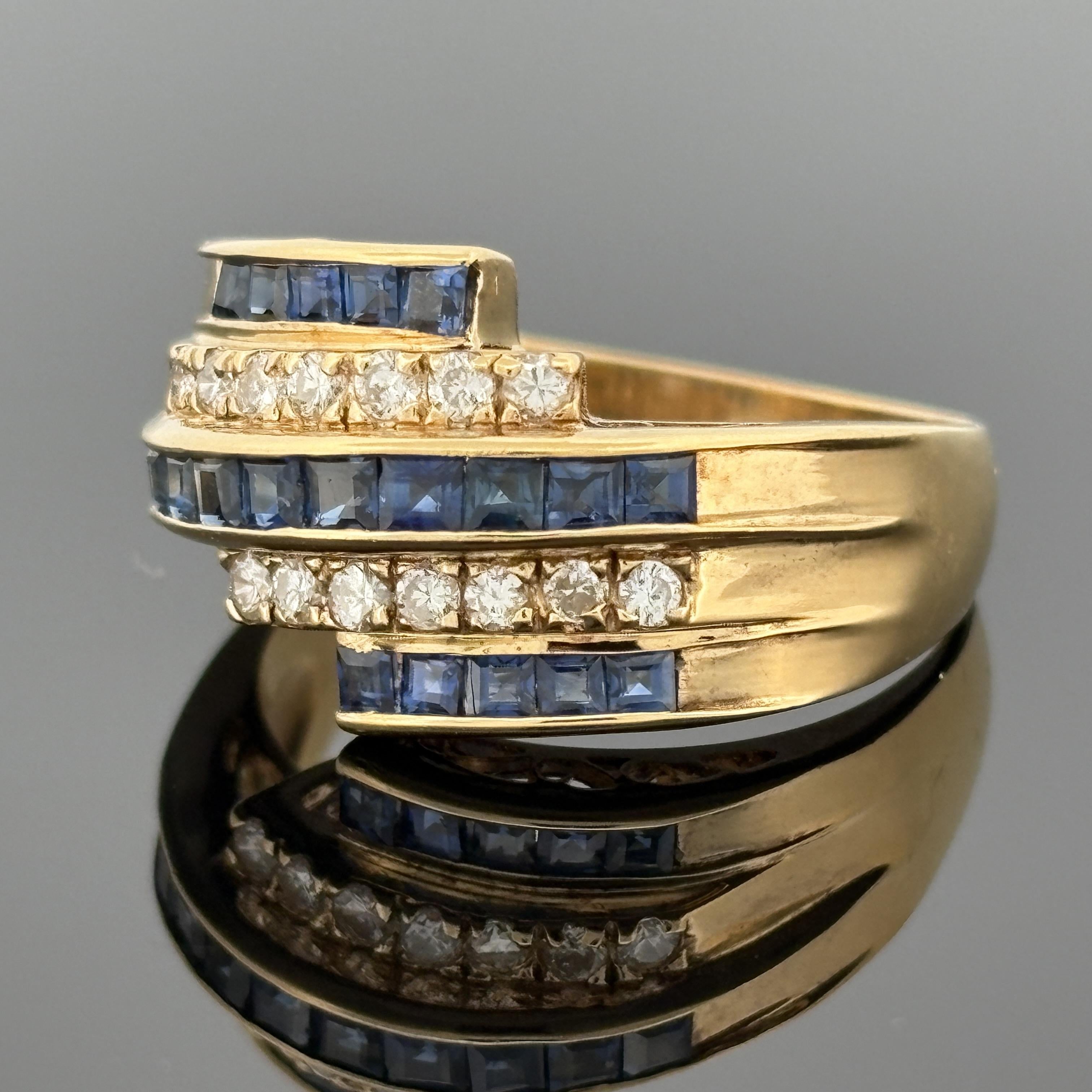 Estate Blue Sapphire & Diamond 5 Row Bypass Ring 18k Yellow Gold, 1.16ctw
