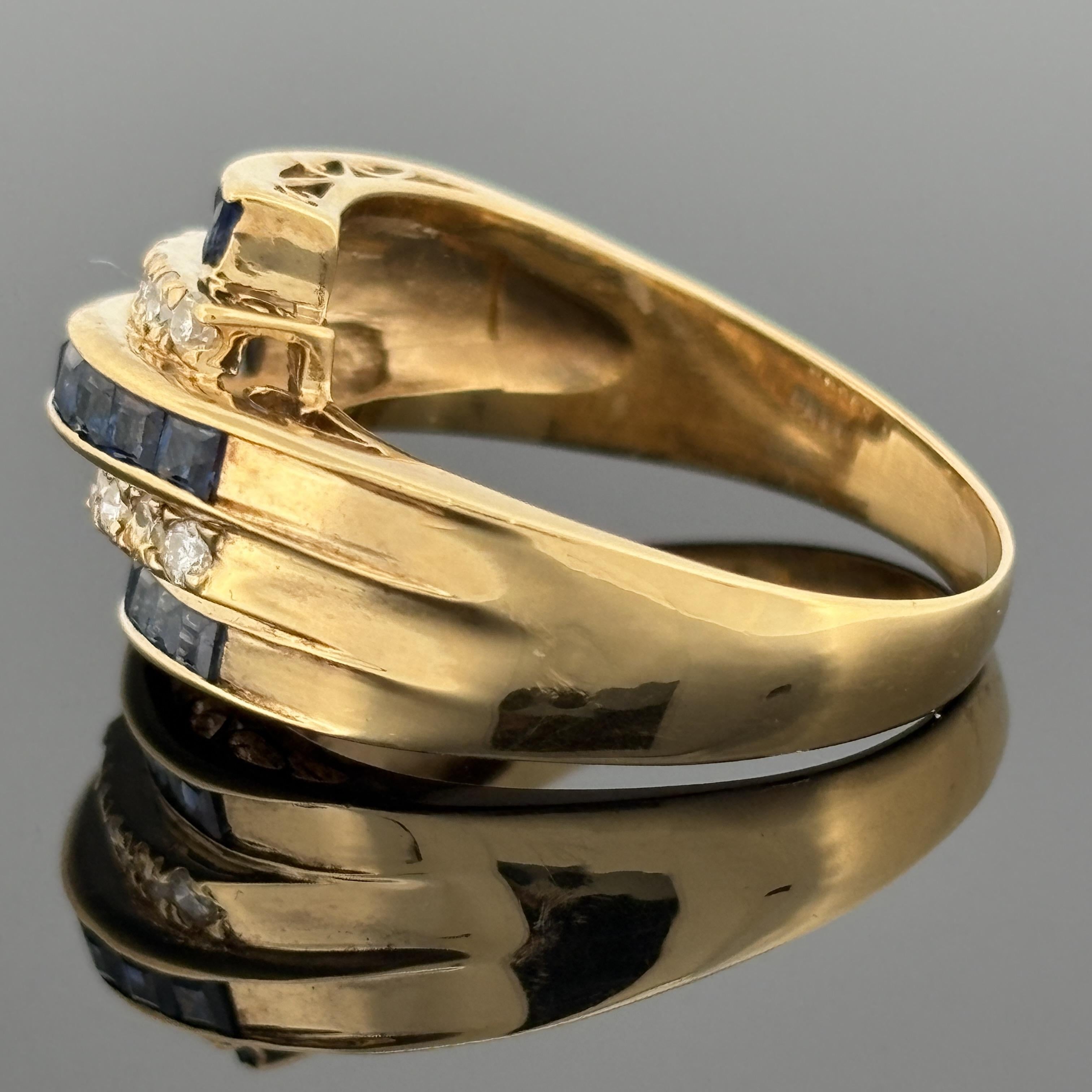 Estate Blue Sapphire & Diamond 5 Row Bypass Ring 18k Yellow Gold, 1.16ctw