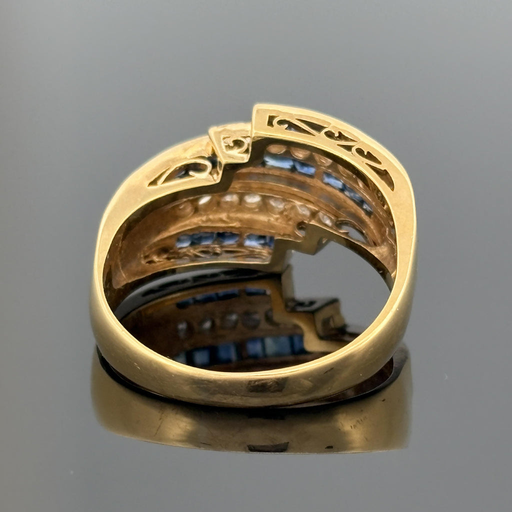 Estate Blue Sapphire & Diamond 5 Row Bypass Ring 18k Yellow Gold, 1.16ctw