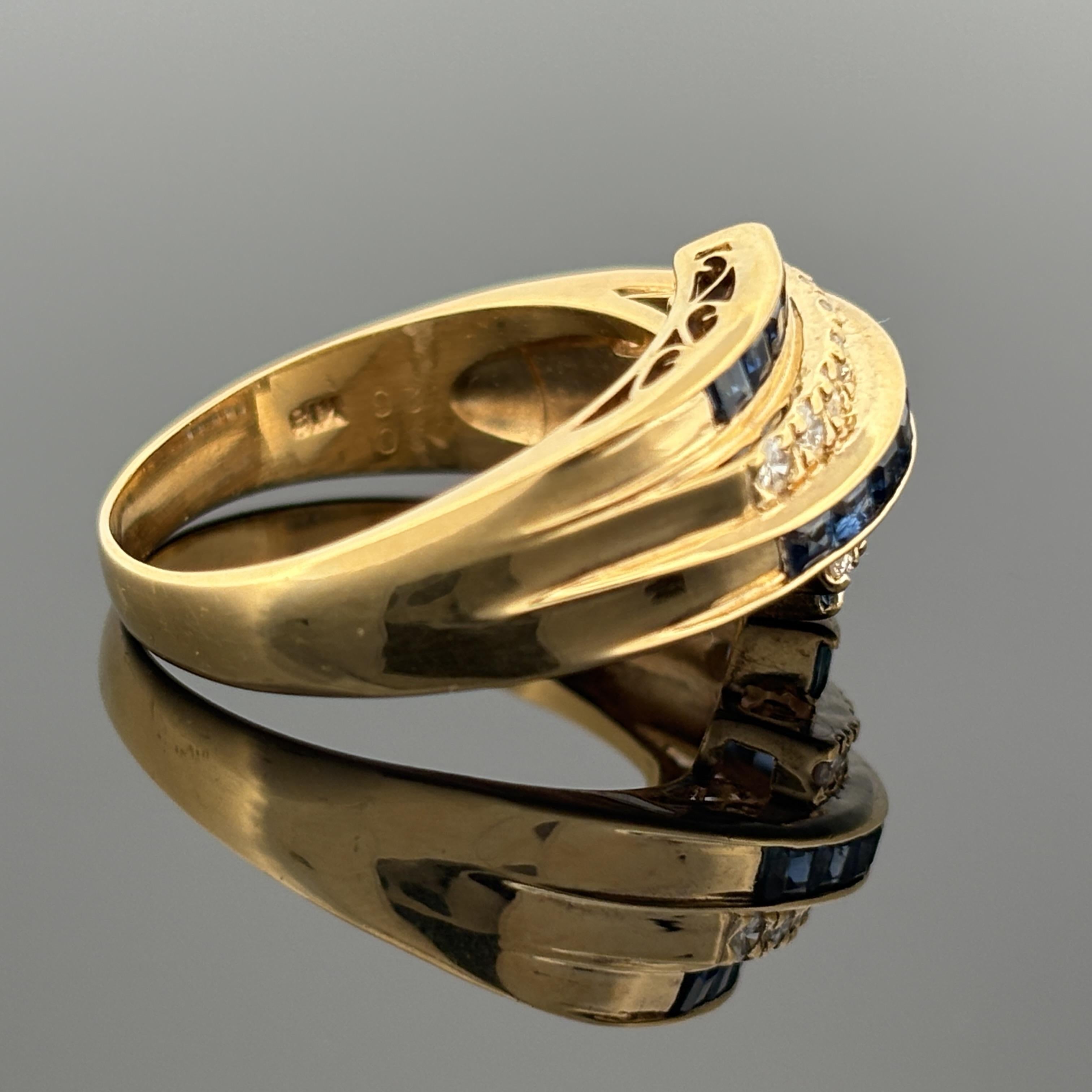 Estate Blue Sapphire & Diamond 5 Row Bypass Ring 18k Yellow Gold, 1.16ctw