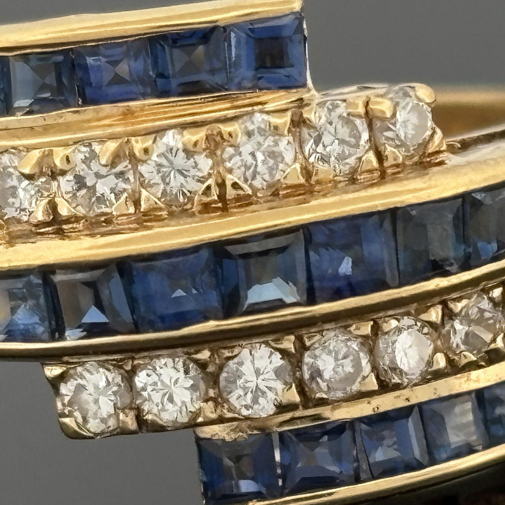 Estate Blue Sapphire & Diamond 5 Row Bypass Ring 18k Yellow Gold, 1.16ctw