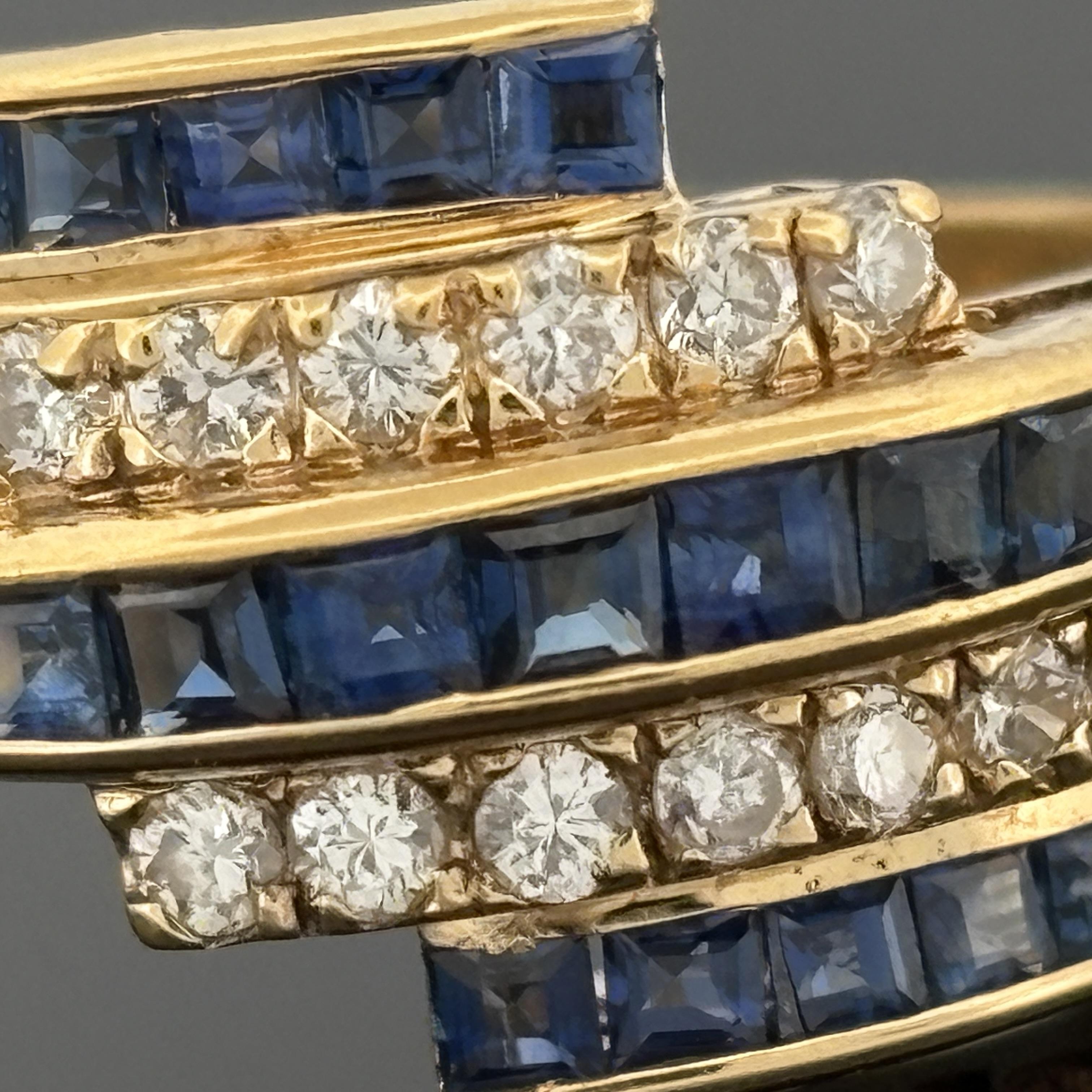 Estate Blue Sapphire & Diamond 5 Row Bypass Ring 18k Yellow Gold, 1.16ctw
