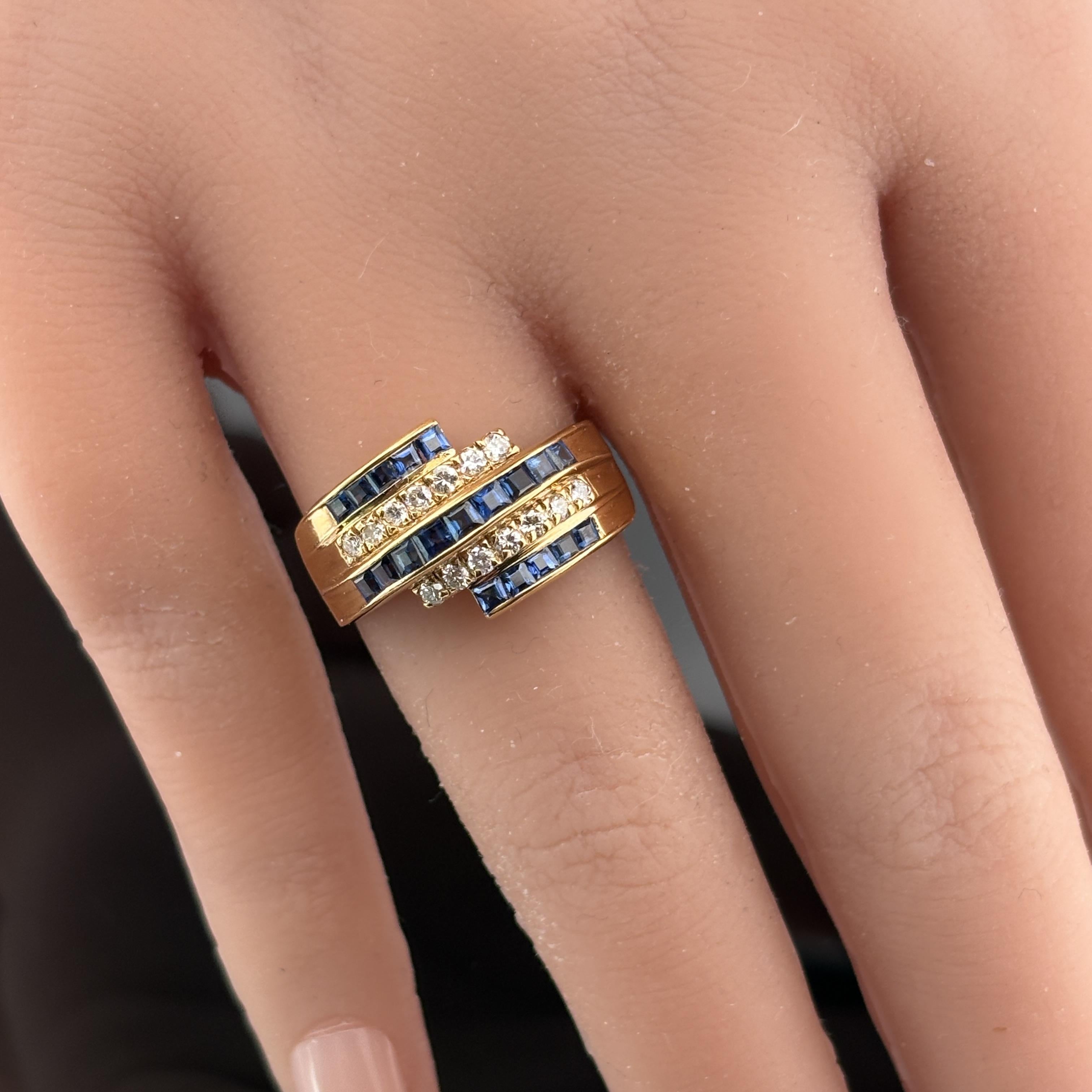 Estate Blue Sapphire & Diamond 5 Row Bypass Ring 18k Yellow Gold, 1.16ctw