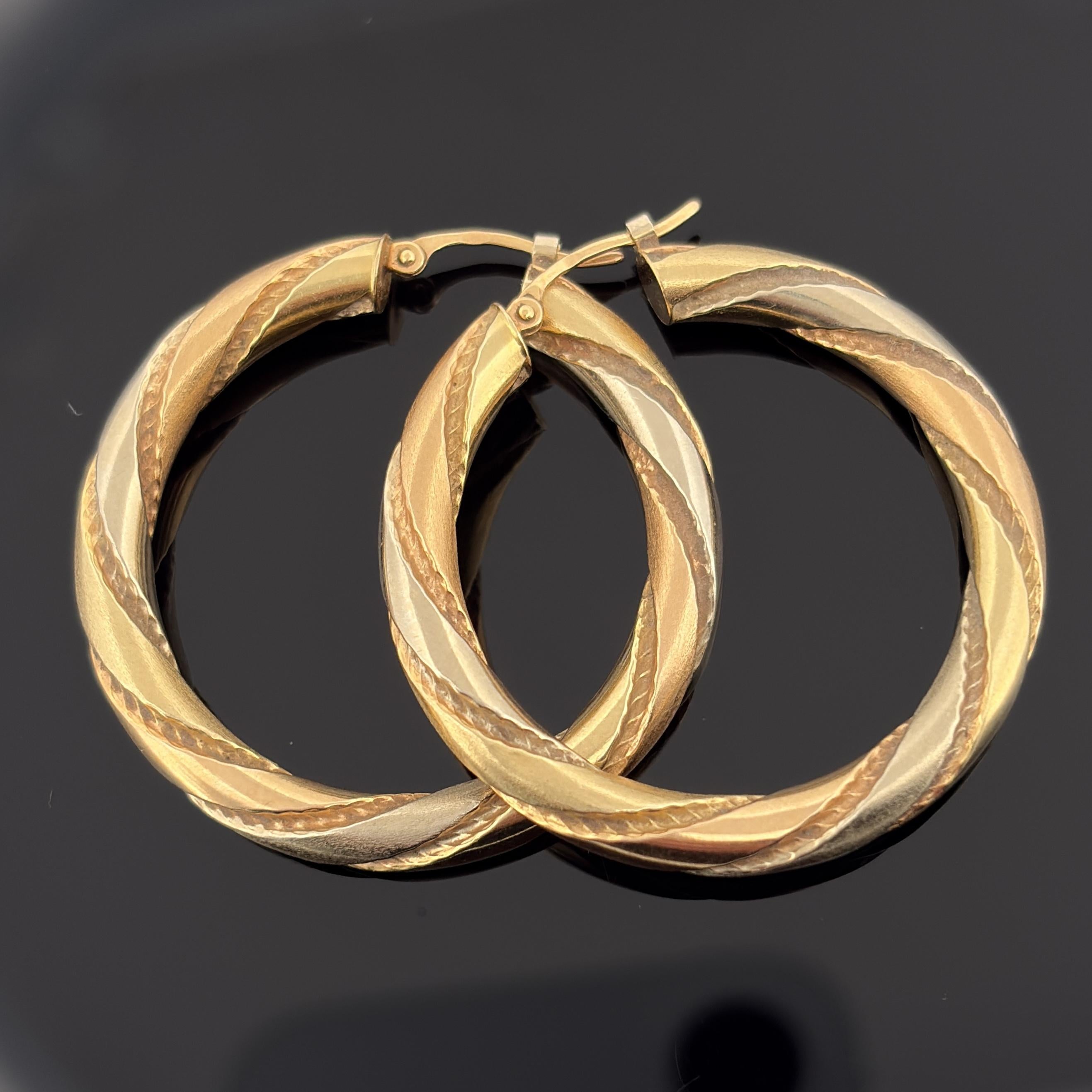 Vintage French 18K Tri-Color Gold Twisted Hollow Hoop Earrings, ca 1980