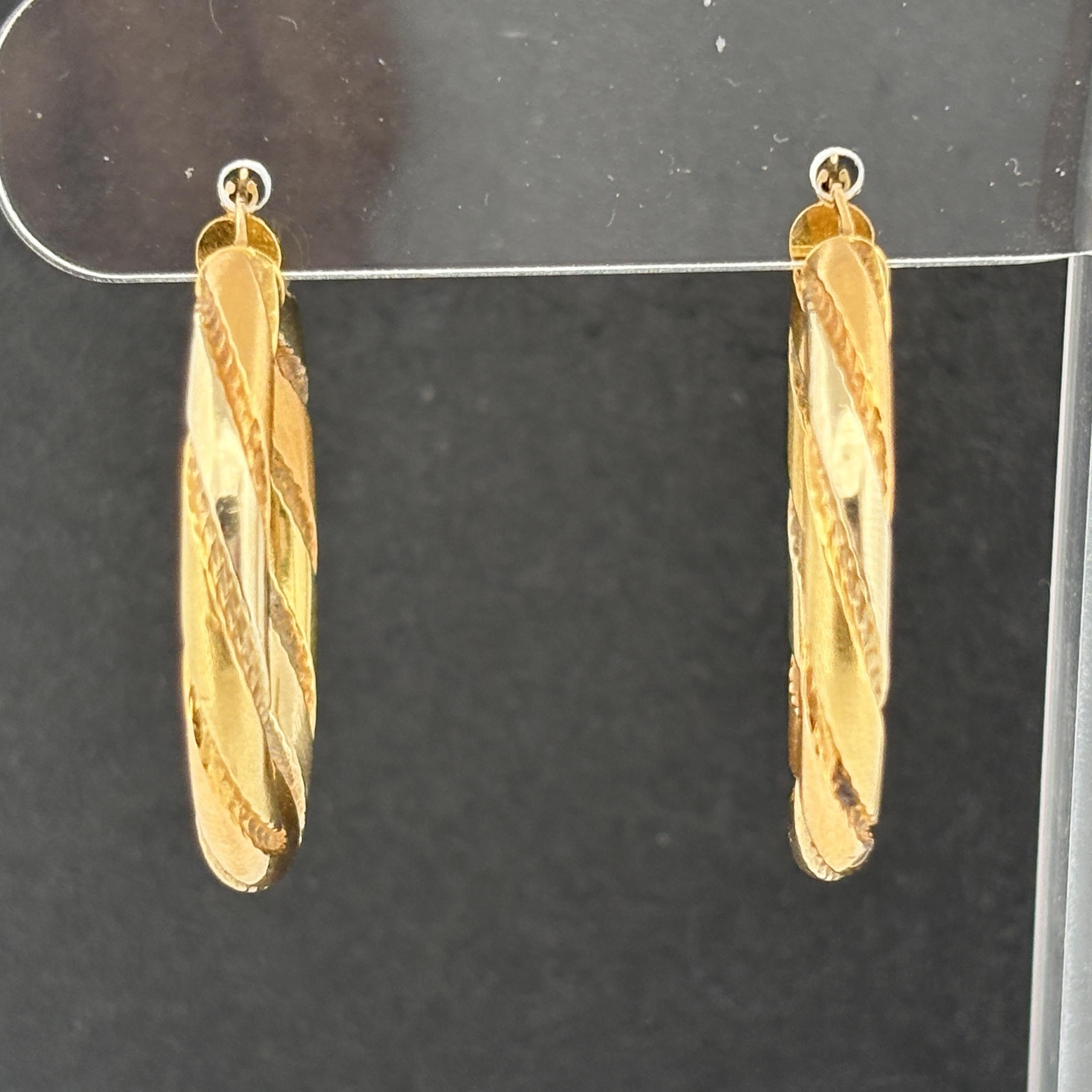 Vintage French 18K Tri-Color Gold Twisted Hollow Hoop Earrings, ca 1980
