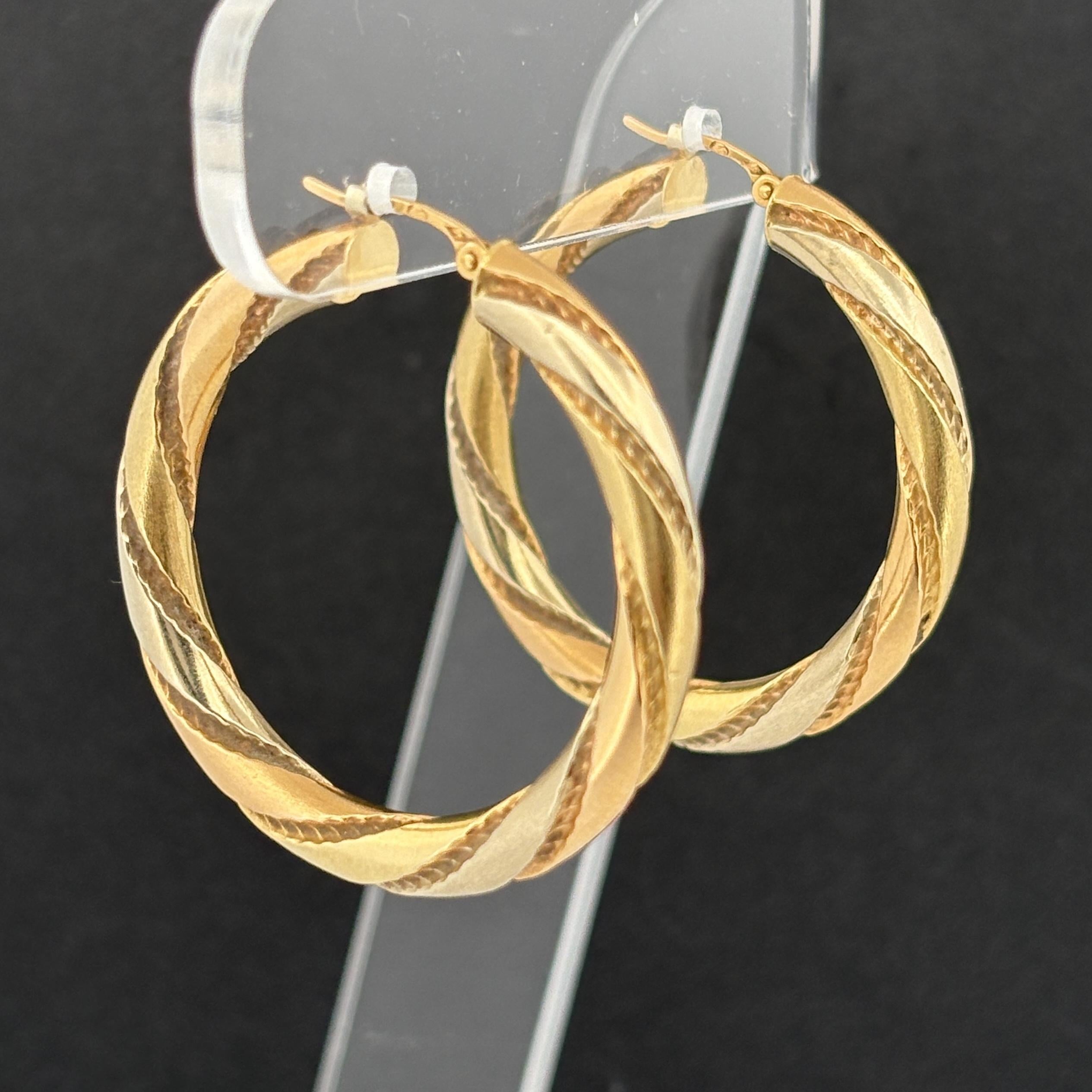 Vintage French 18K Tri-Color Gold Twisted Hollow Hoop Earrings, ca 1980