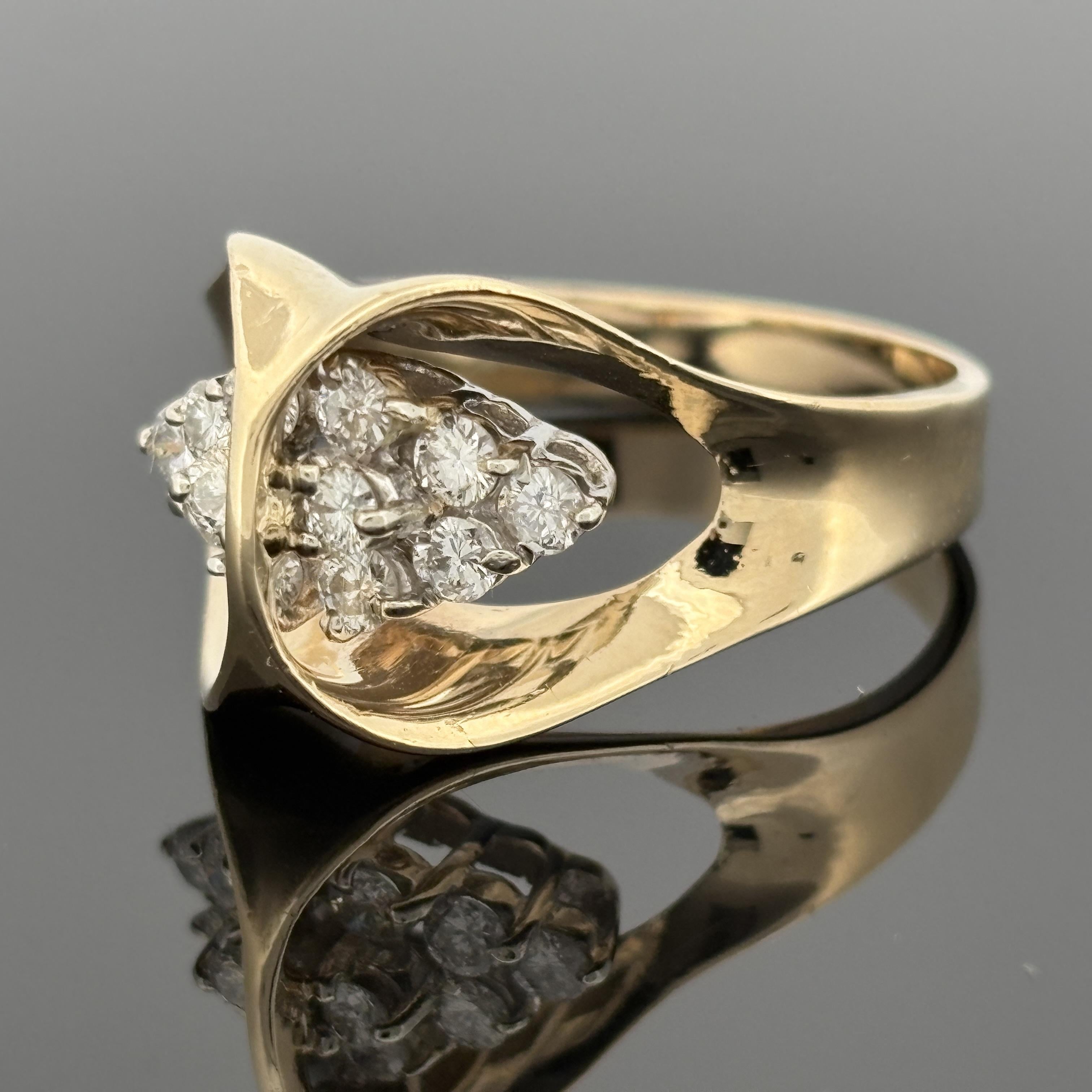 Vintage 14K Gold Sculpted Bow Ring, Diamond Clusters ~0.60ctw, ca. 1975