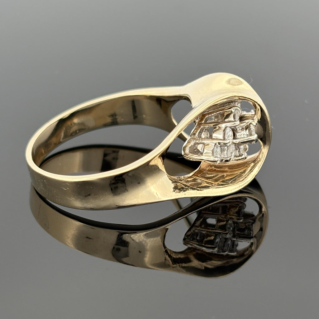 Vintage 14K Gold Sculpted Bow Ring, Diamond Clusters ~0.60ctw, ca. 1975