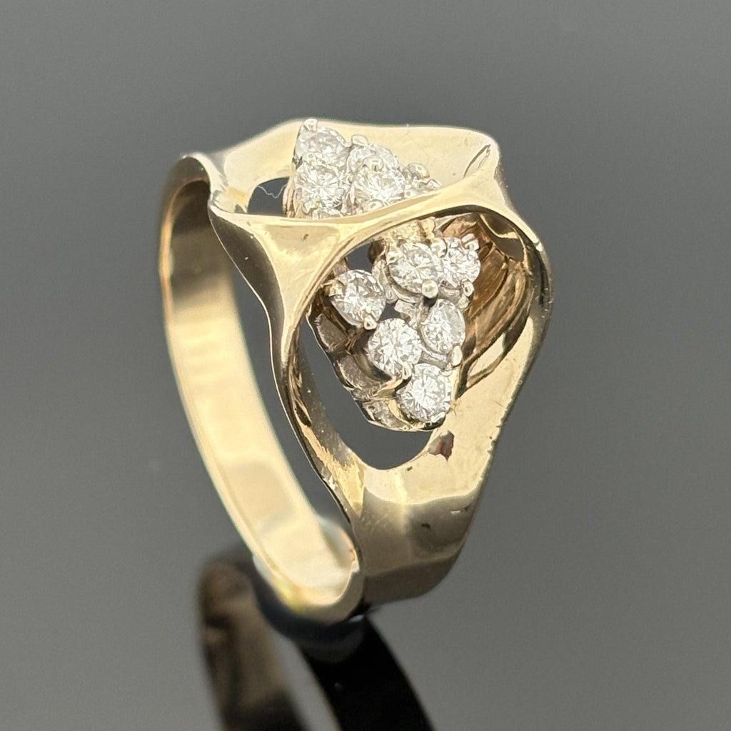 Vintage 14K Gold Sculpted Bow Ring, Diamond Clusters ~0.60ctw, ca. 1975
