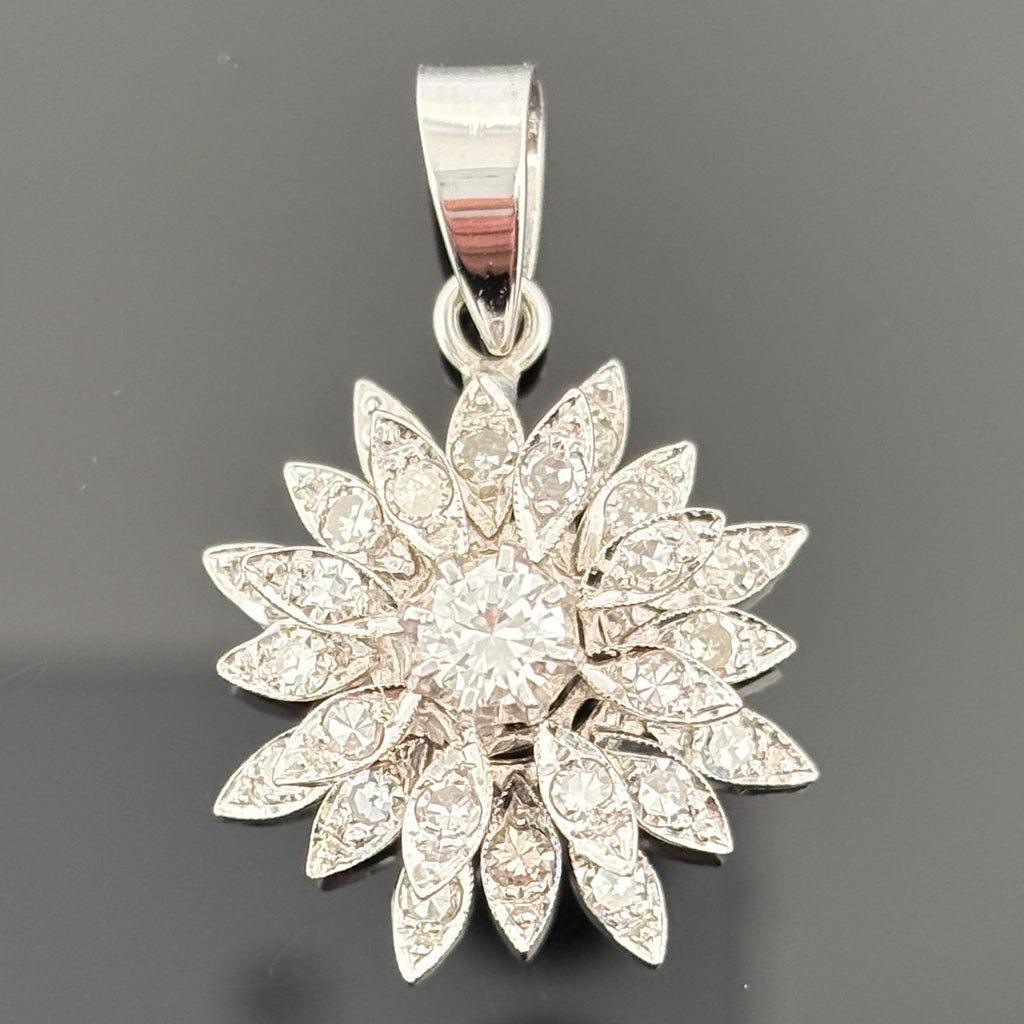 Vintage 14K White Gold Diamond Starburst Flower Pendant, 0.97ctw, Circa 1960s