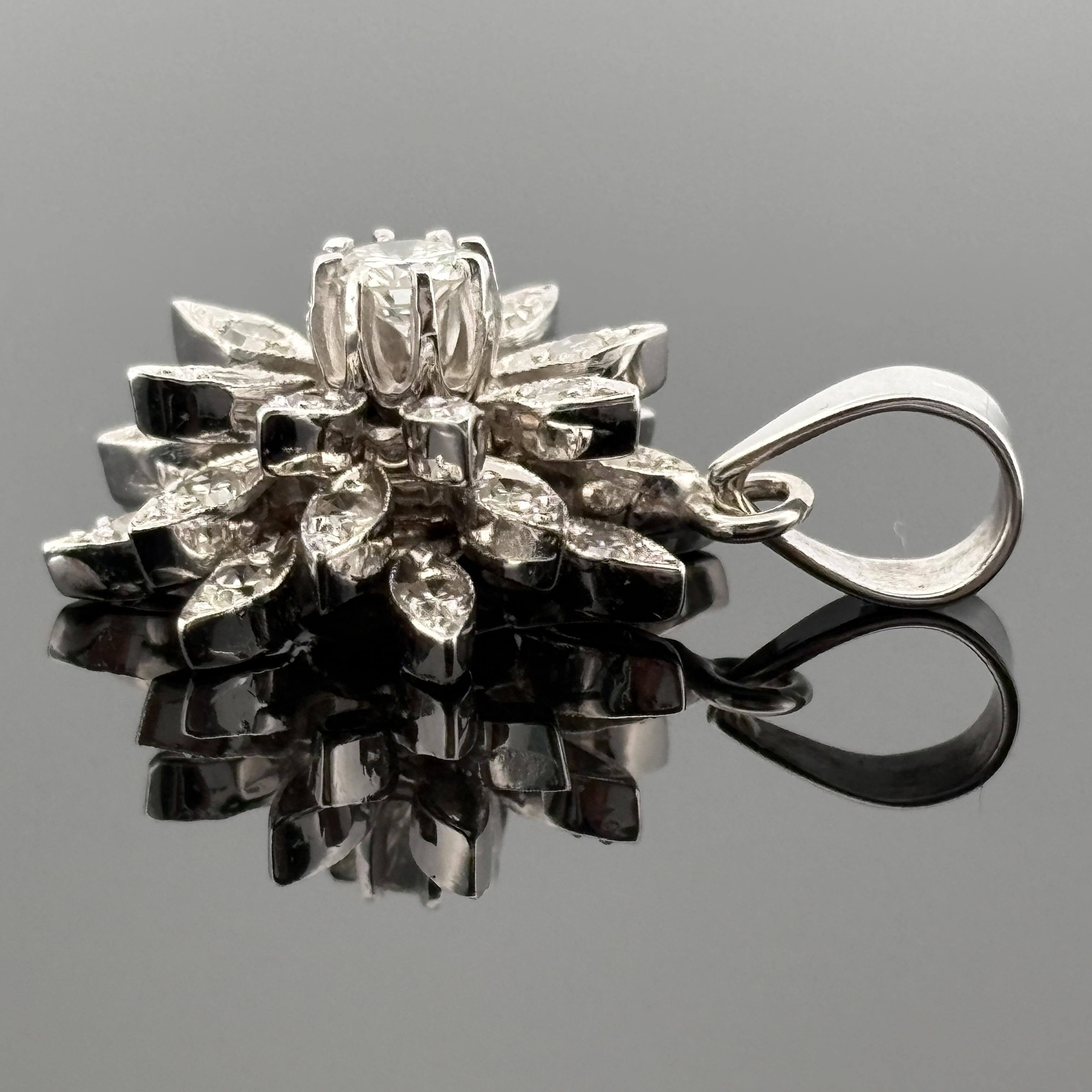 Vintage 14K White Gold Diamond Starburst Flower Pendant, 0.97ctw, Circa 1960s