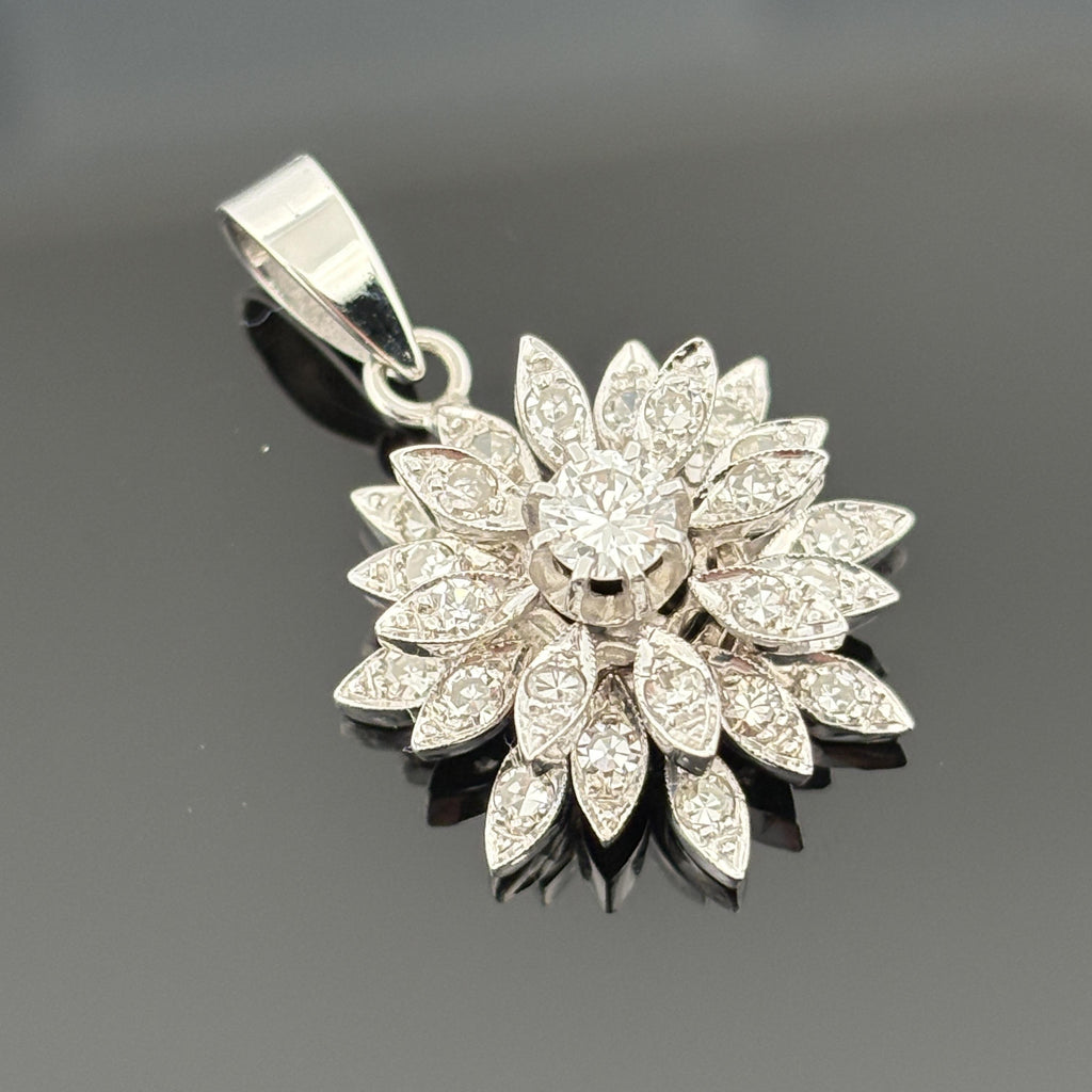Vintage 14K White Gold Diamond Starburst Flower Pendant, 0.97ctw, Circa 1960s
