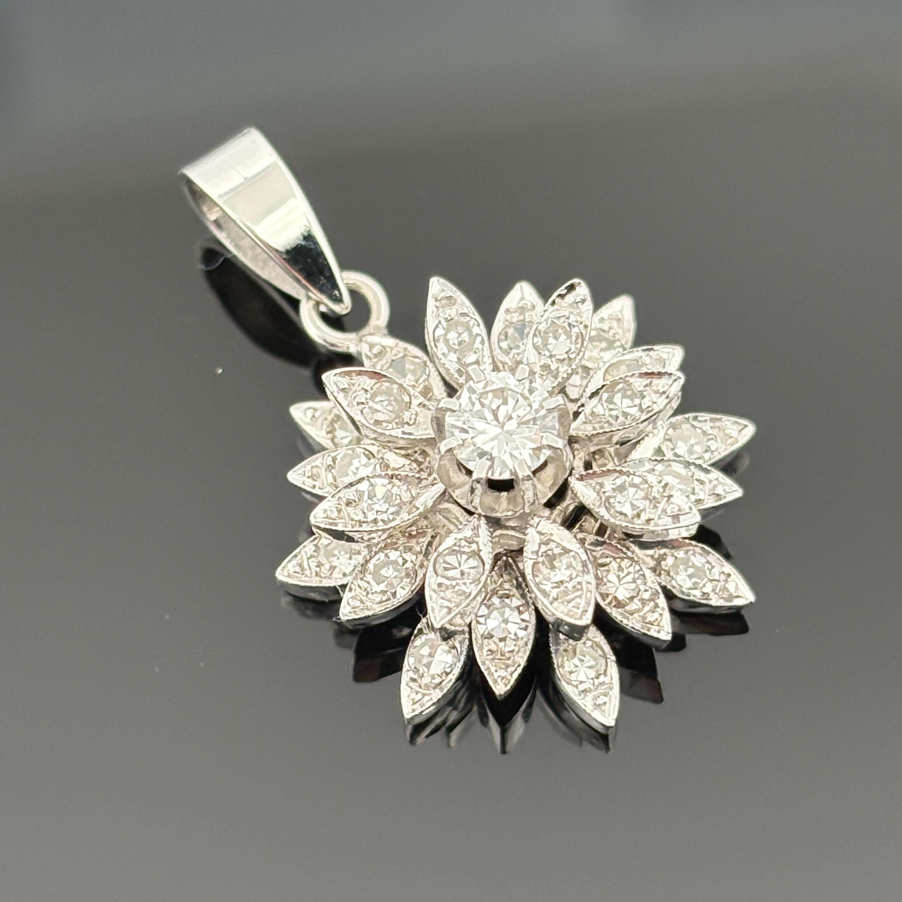 Vintage 14K White Gold Diamond Starburst Flower Pendant, 0.97ctw, Circa 1960s