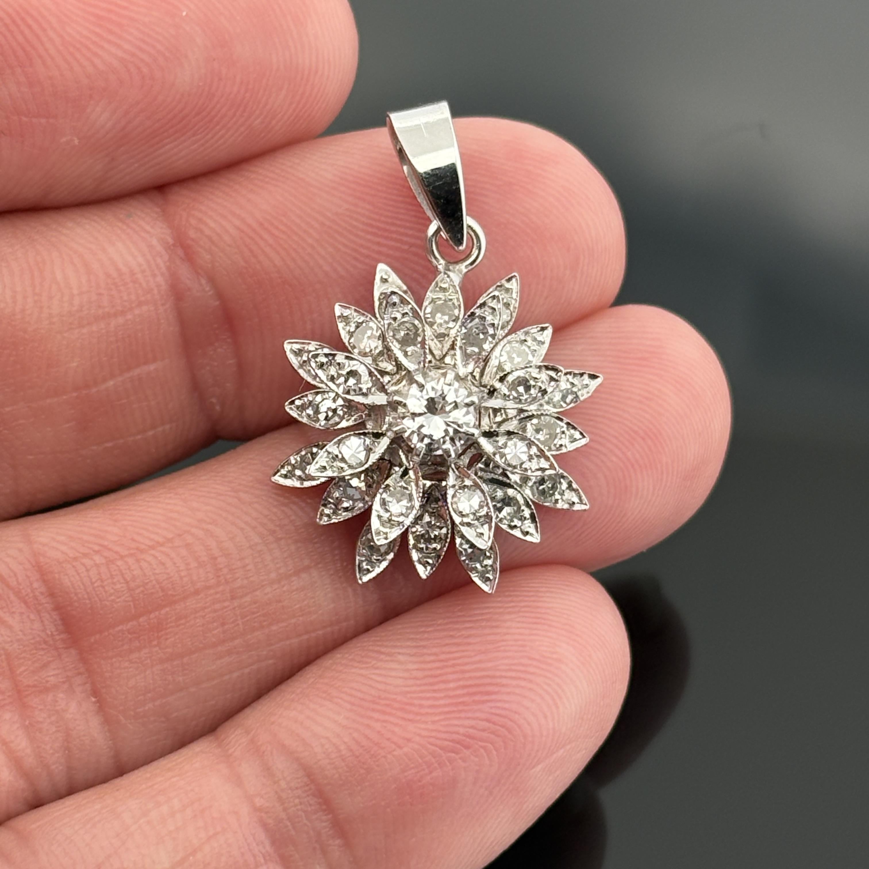 Vintage 14K White Gold Diamond Starburst Flower Pendant, 0.97ctw, Circa 1960s