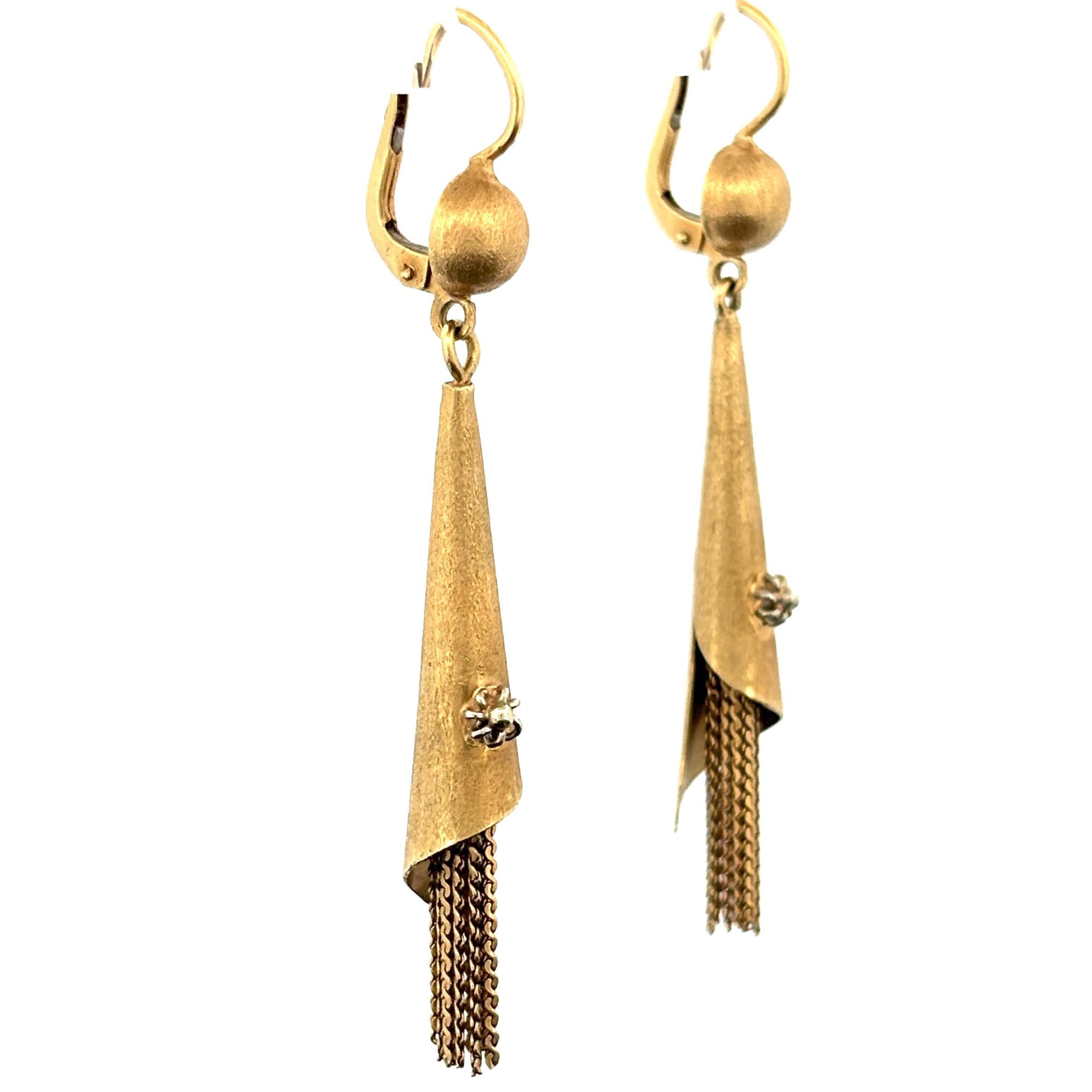 Vintage Modernist Tassel Drop Earrings 18k Gold, Italy