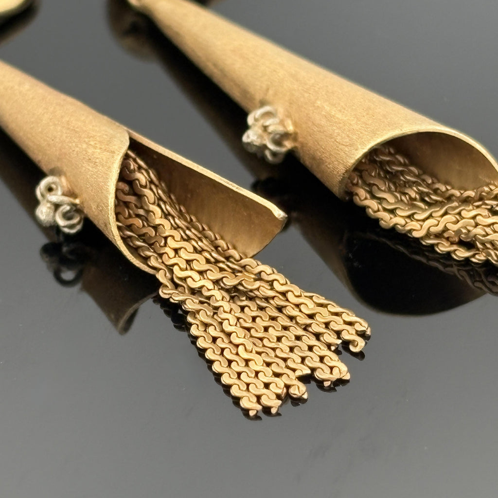 Vintage Modernist Tassel Drop Earrings 18k Gold, Italy