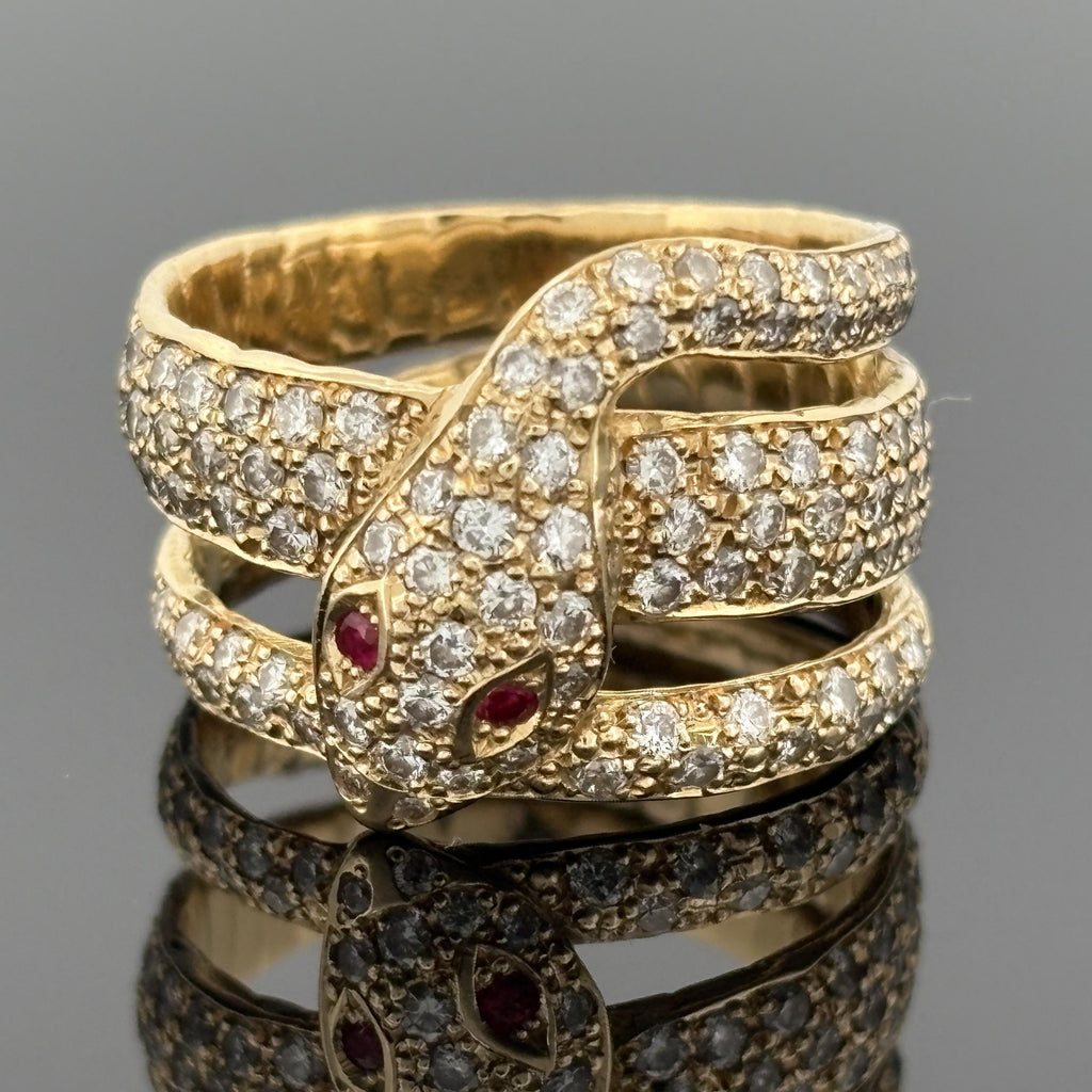 Coiled Serpent Snake Ring in 18K Gold with Pavé Diamonds and Ruby Eyes, 1.12ctw