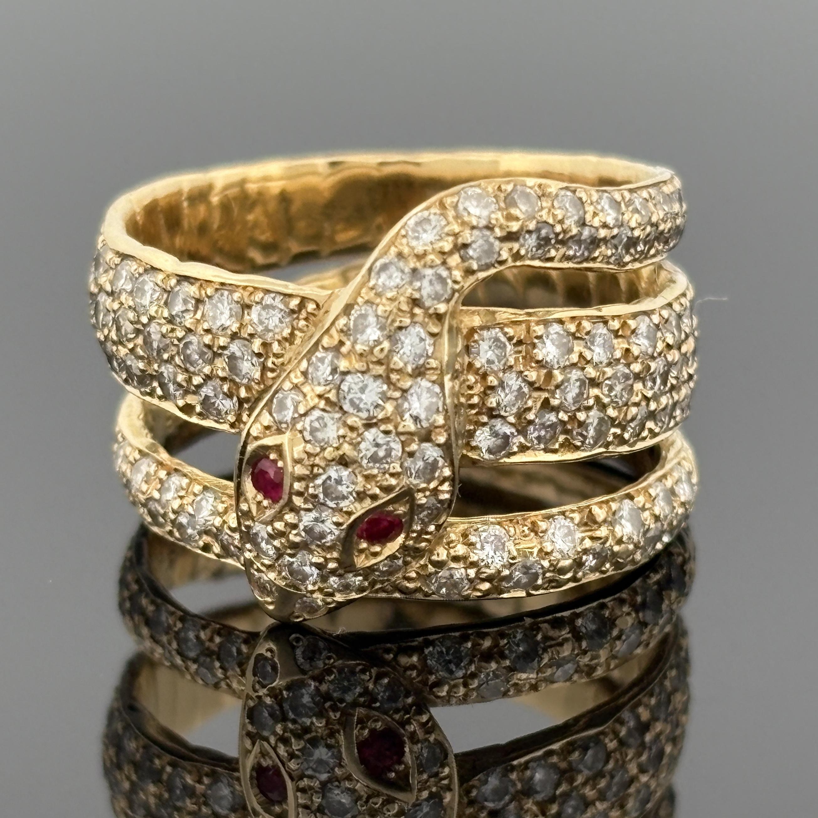 Coiled Serpent Snake Ring in 18K Gold with Pavé Diamonds and Ruby Eyes, 1.12ctw