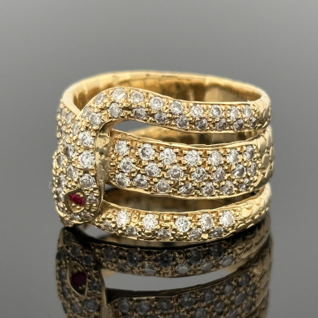 Coiled Serpent Snake Ring in 18K Gold with Pavé Diamonds and Ruby Eyes, 1.12ctw