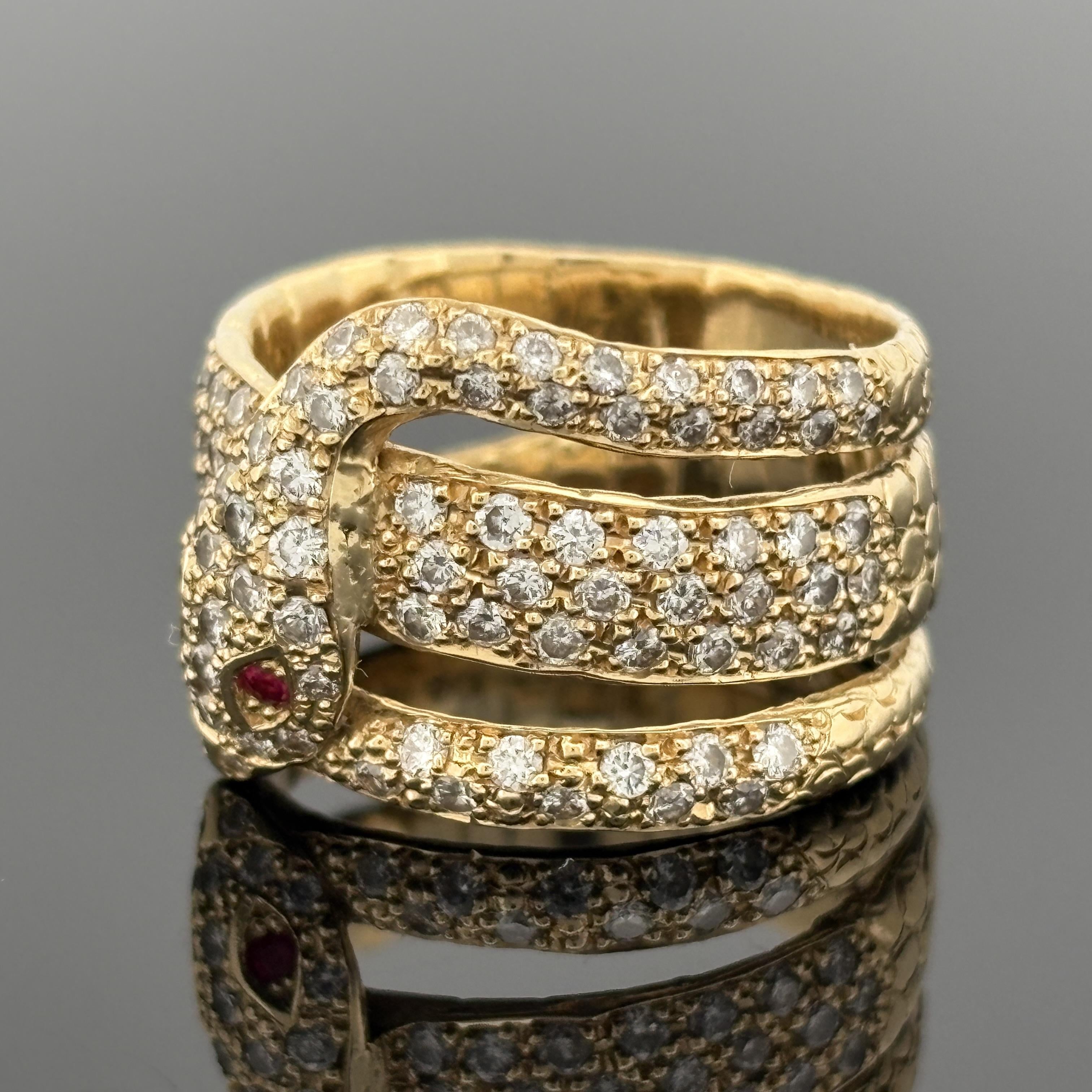Coiled Serpent Snake Ring in 18K Gold with Pavé Diamonds and Ruby Eyes, 1.12ctw
