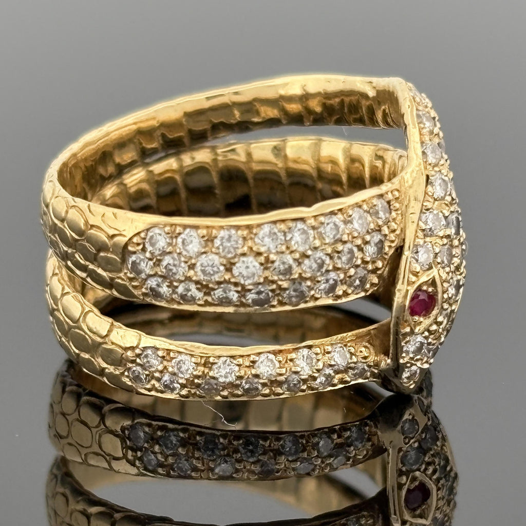 Coiled Serpent Snake Ring in 18K Gold with Pavé Diamonds and Ruby Eyes, 1.12ctw