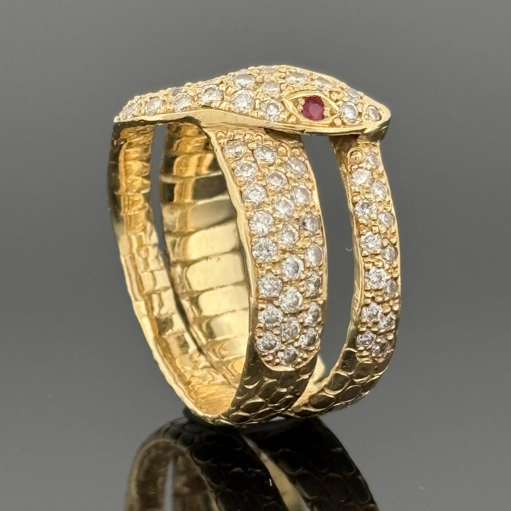 Coiled Serpent Snake Ring in 18K Gold with Pavé Diamonds and Ruby Eyes, 1.12ctw