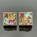 Modernist 18K Gold Multi-Gemstone Cluster Earrings, Signed RG, Diamond Accents