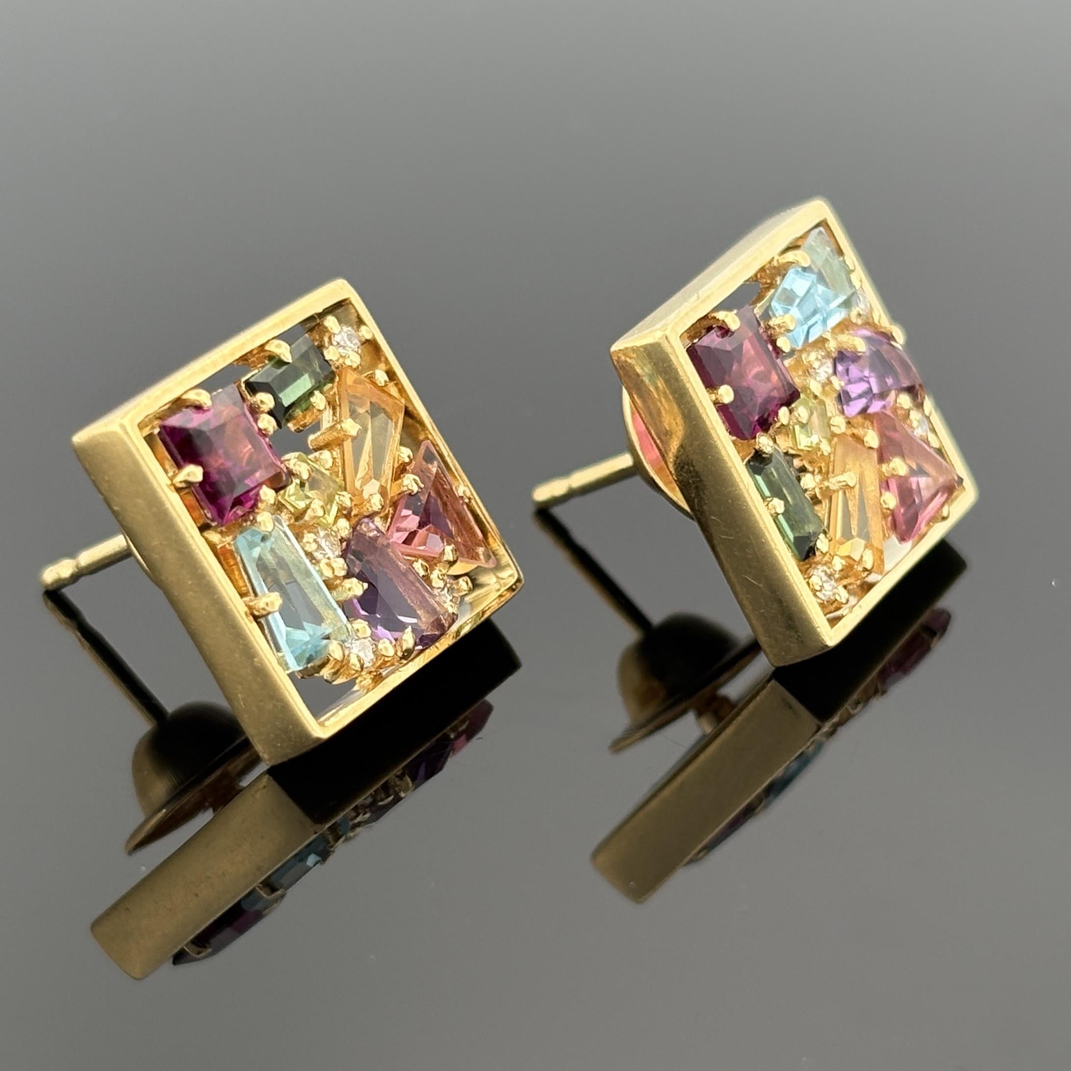 Modernist 18K Gold Multi-Gemstone Cluster Earrings, Signed RG, Diamond Accents
