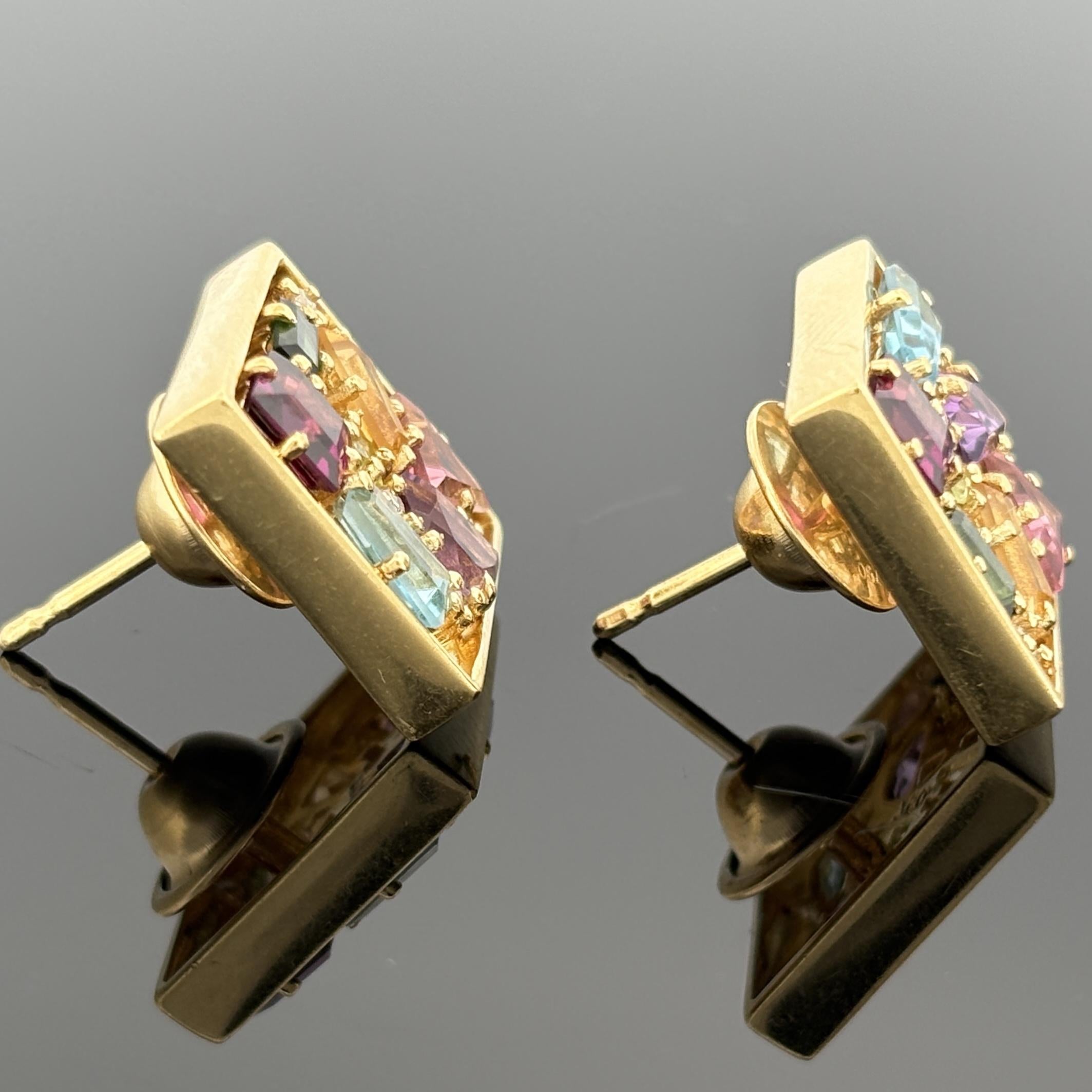Modernist 18K Gold Multi-Gemstone Cluster Earrings, Signed RG, Diamond Accents