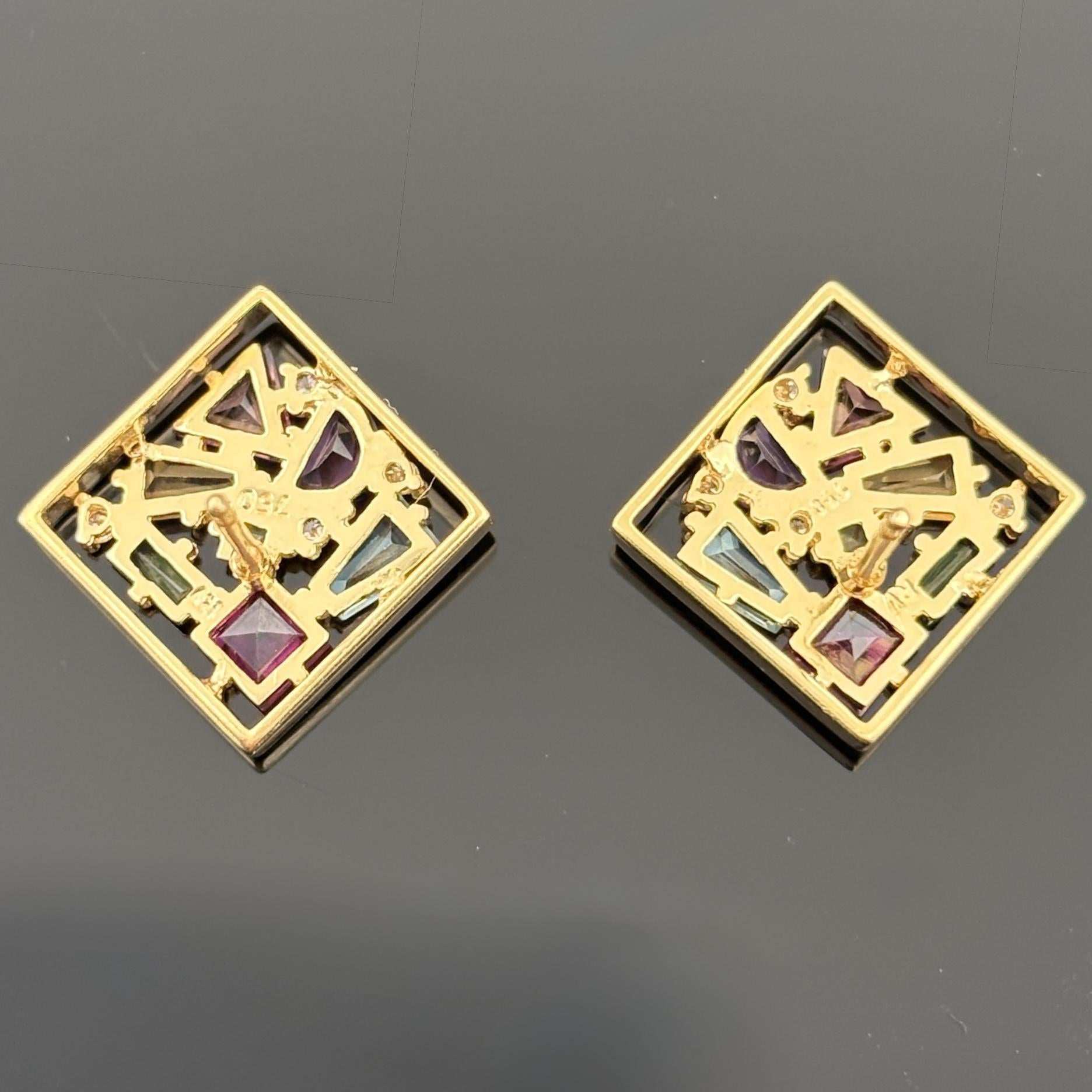 Modernist 18K Gold Multi-Gemstone Cluster Earrings, Signed RG, Diamond Accents