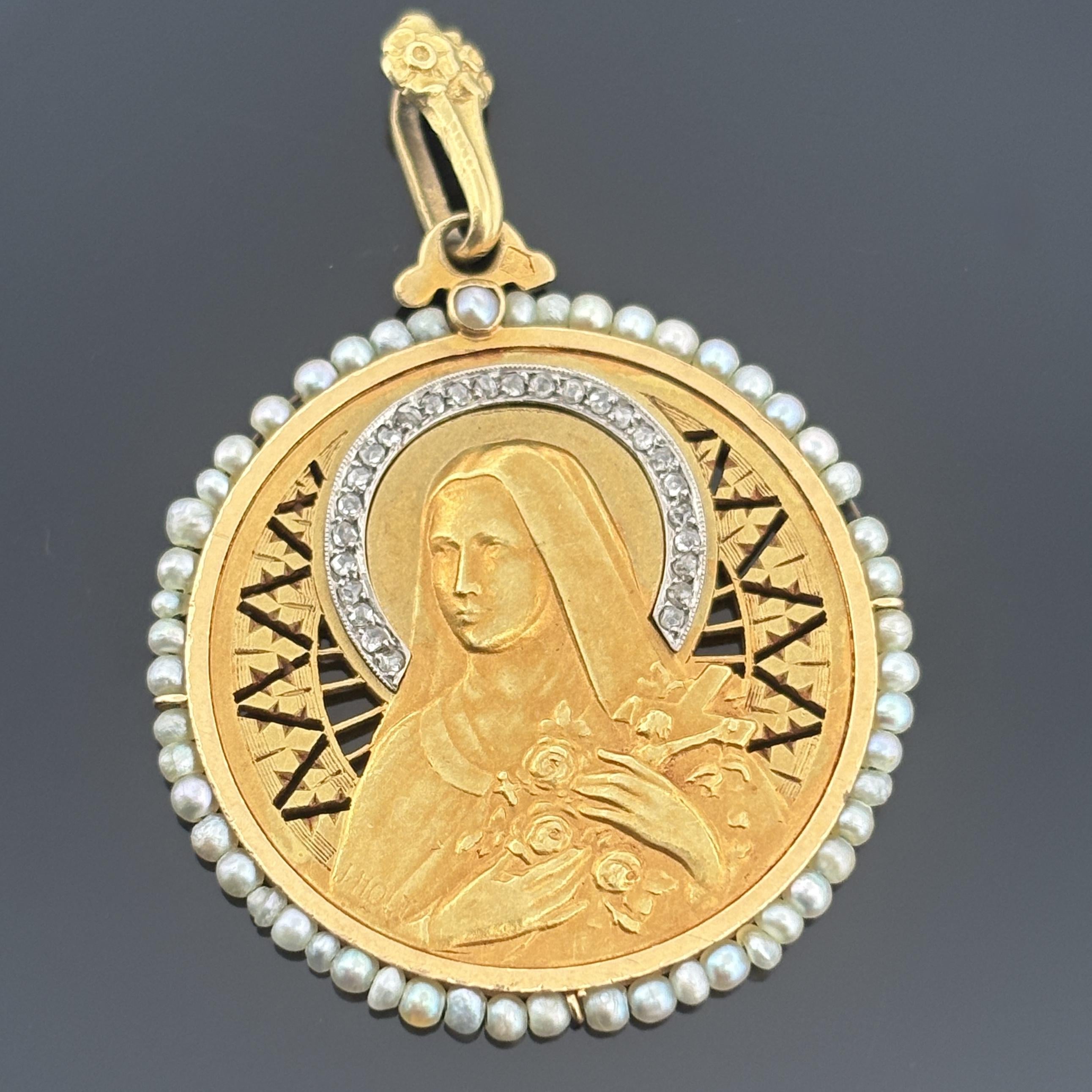 Vintage St. Thérèse of Lisieux 18K Solid Gold Medal, Diamond Halo & Seed Pearls