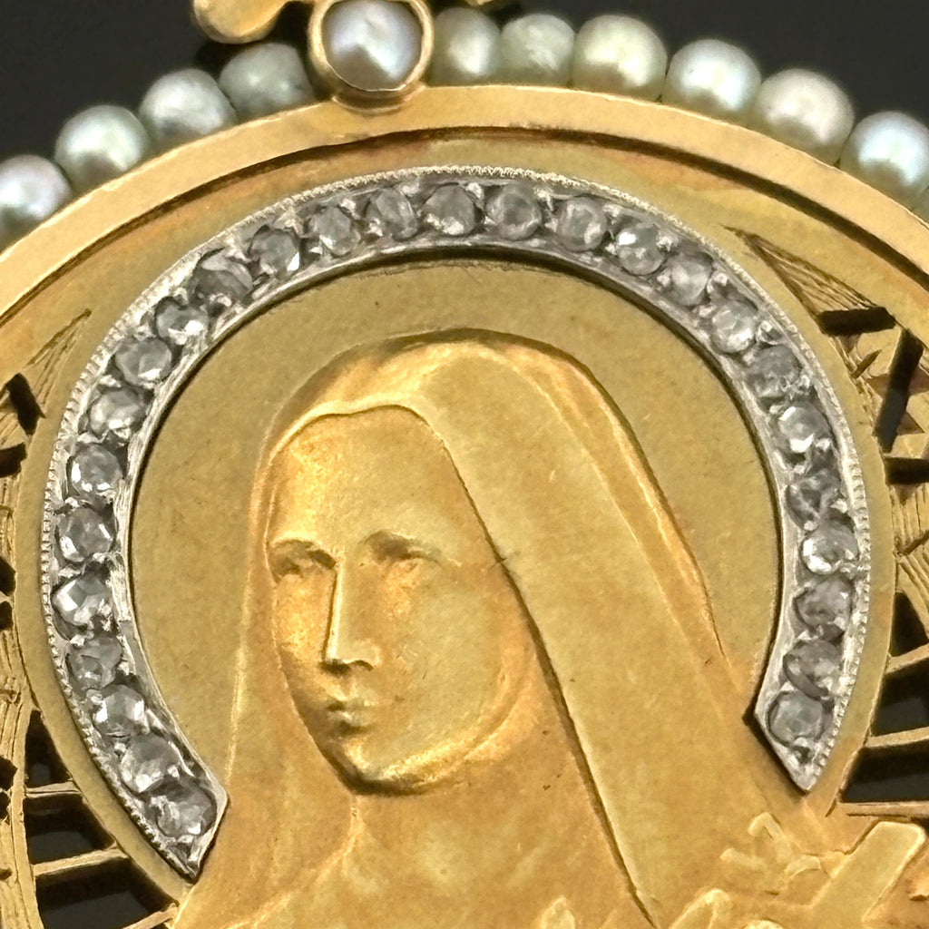 Vintage St. Thérèse of Lisieux 18K Solid Gold Medal, Diamond Halo & Seed Pearls