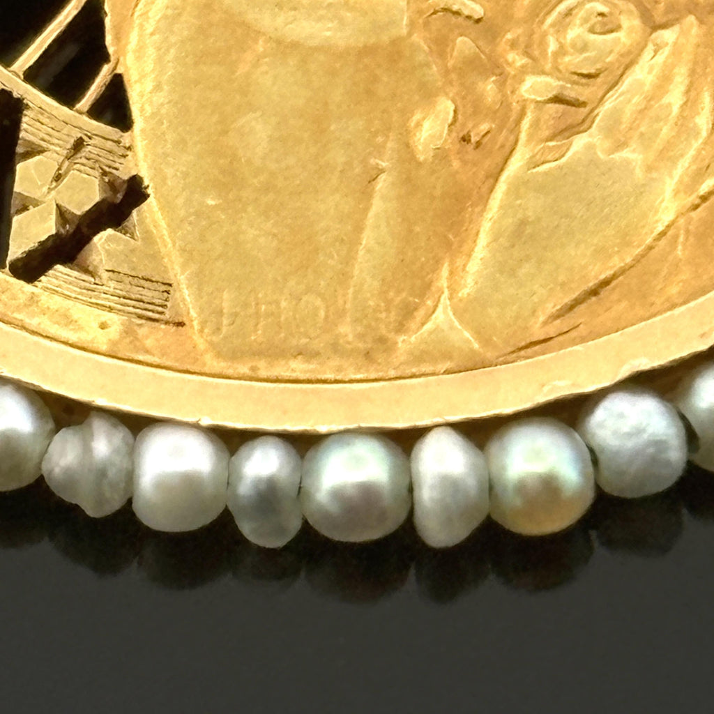 Vintage St. Thérèse of Lisieux 18K Solid Gold Medal, Diamond Halo & Seed Pearls