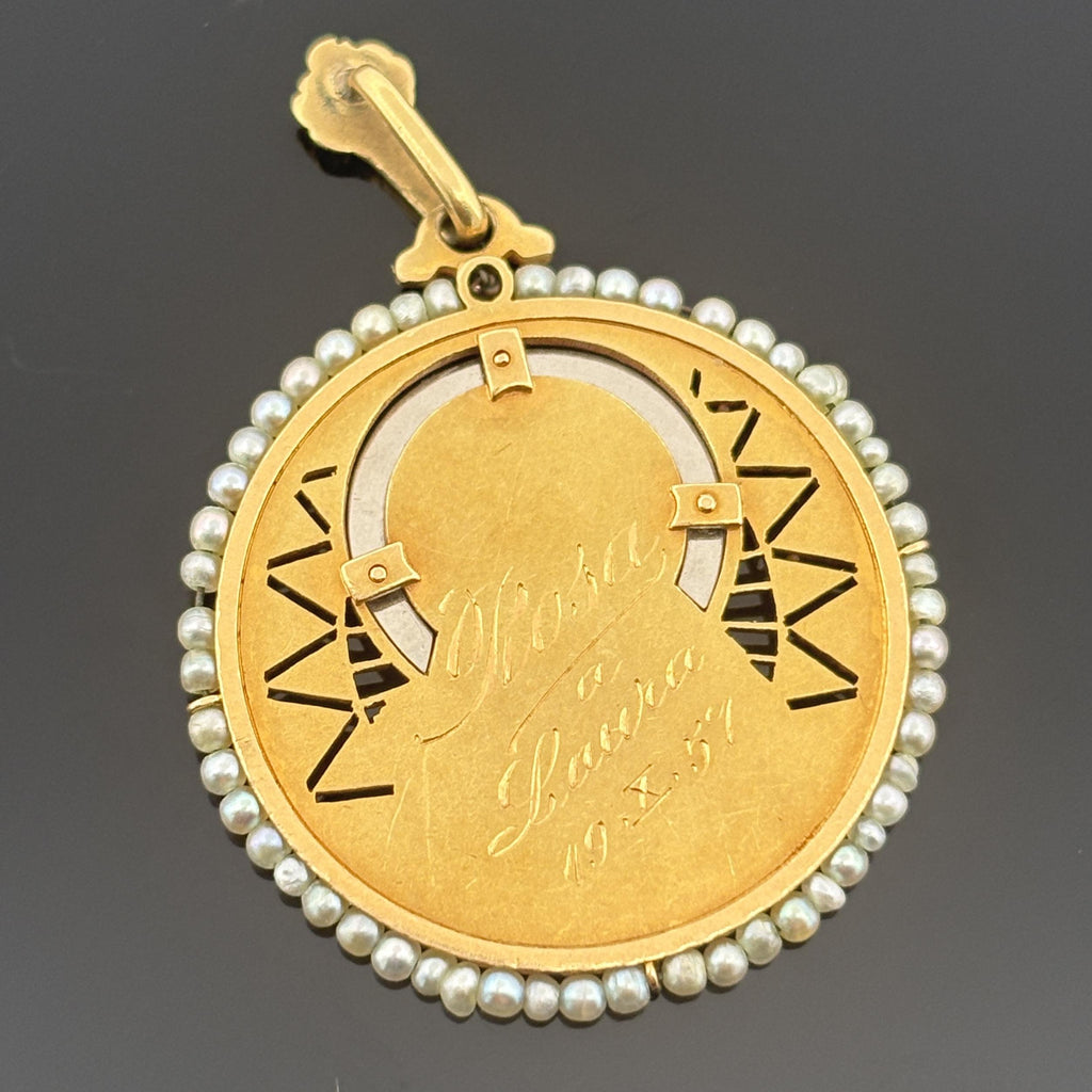 Vintage St. Thérèse of Lisieux 18K Solid Gold Medal, Diamond Halo & Seed Pearls