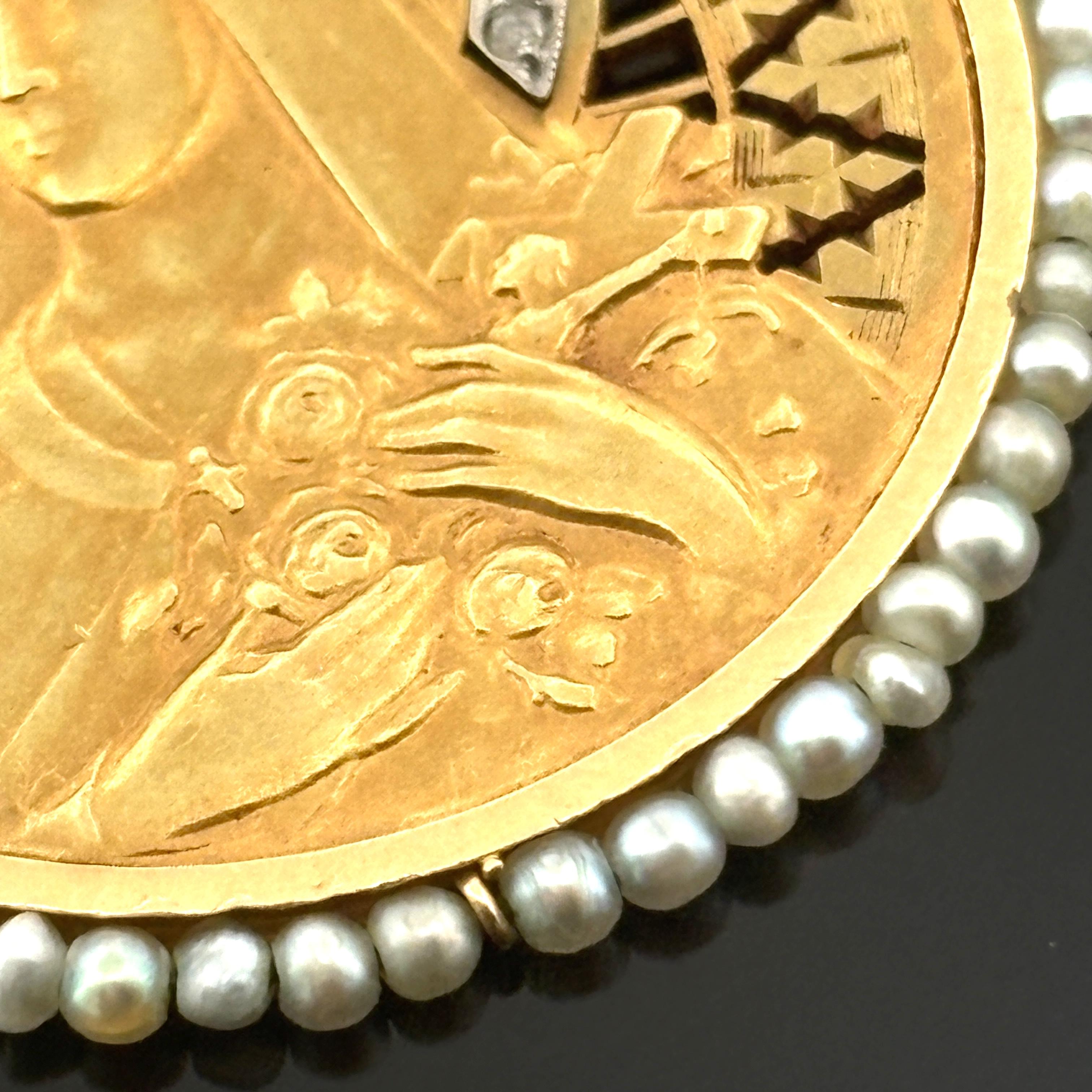 Vintage St. Thérèse of Lisieux 18K Solid Gold Medal, Diamond Halo & Seed Pearls