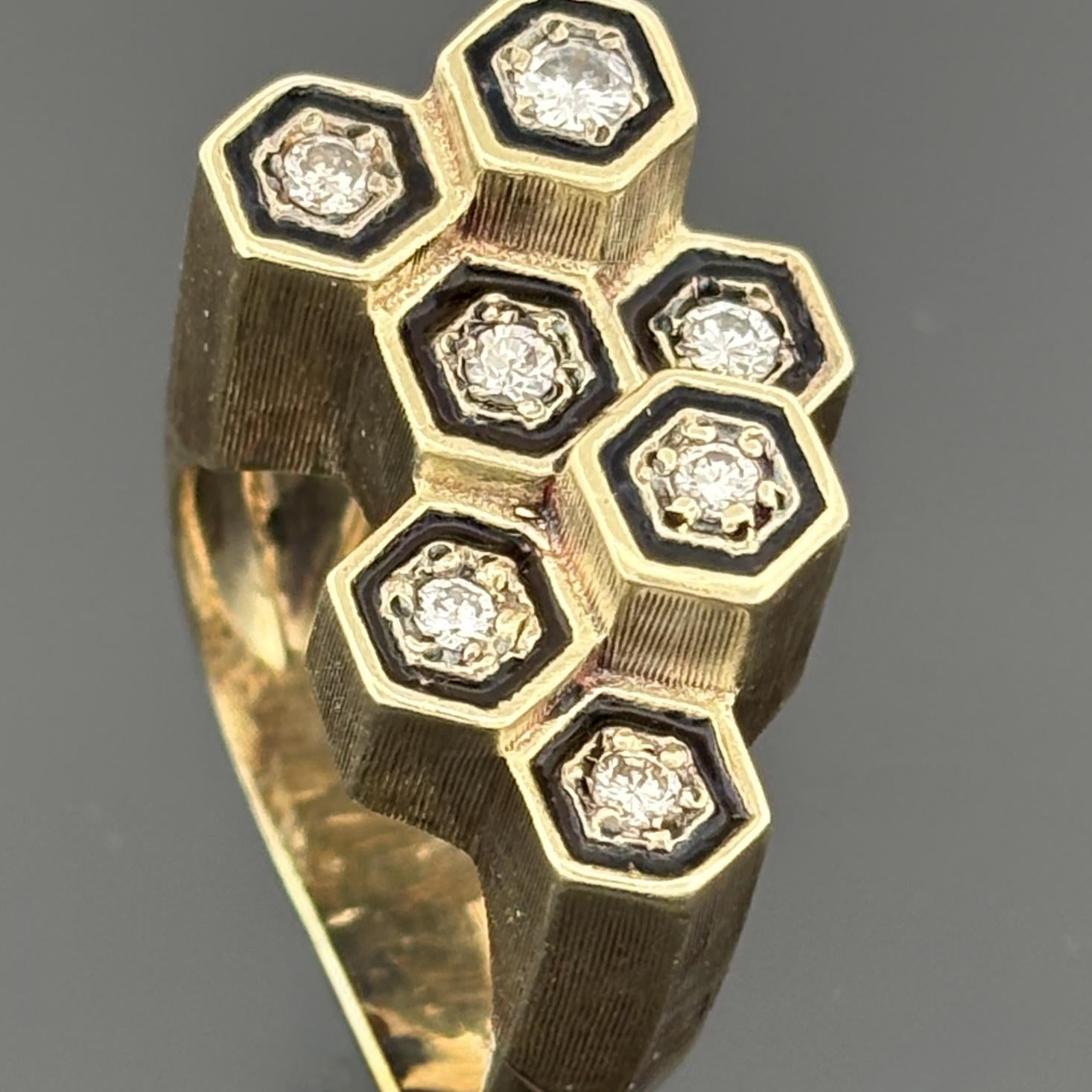 Mid-Century Modern Diamond Honeycomb Cluster Ring with Black Enamel, 14k Gold